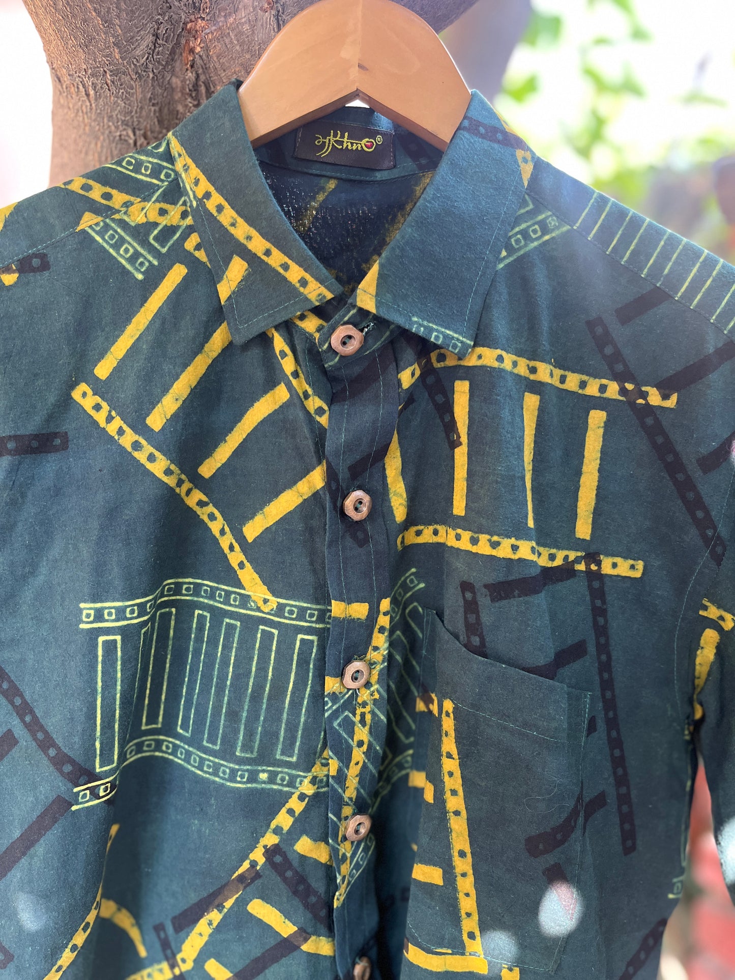 Handcrafted Tribal Print Men’s Cotton Shirt – Green & Yellow Art Pattern