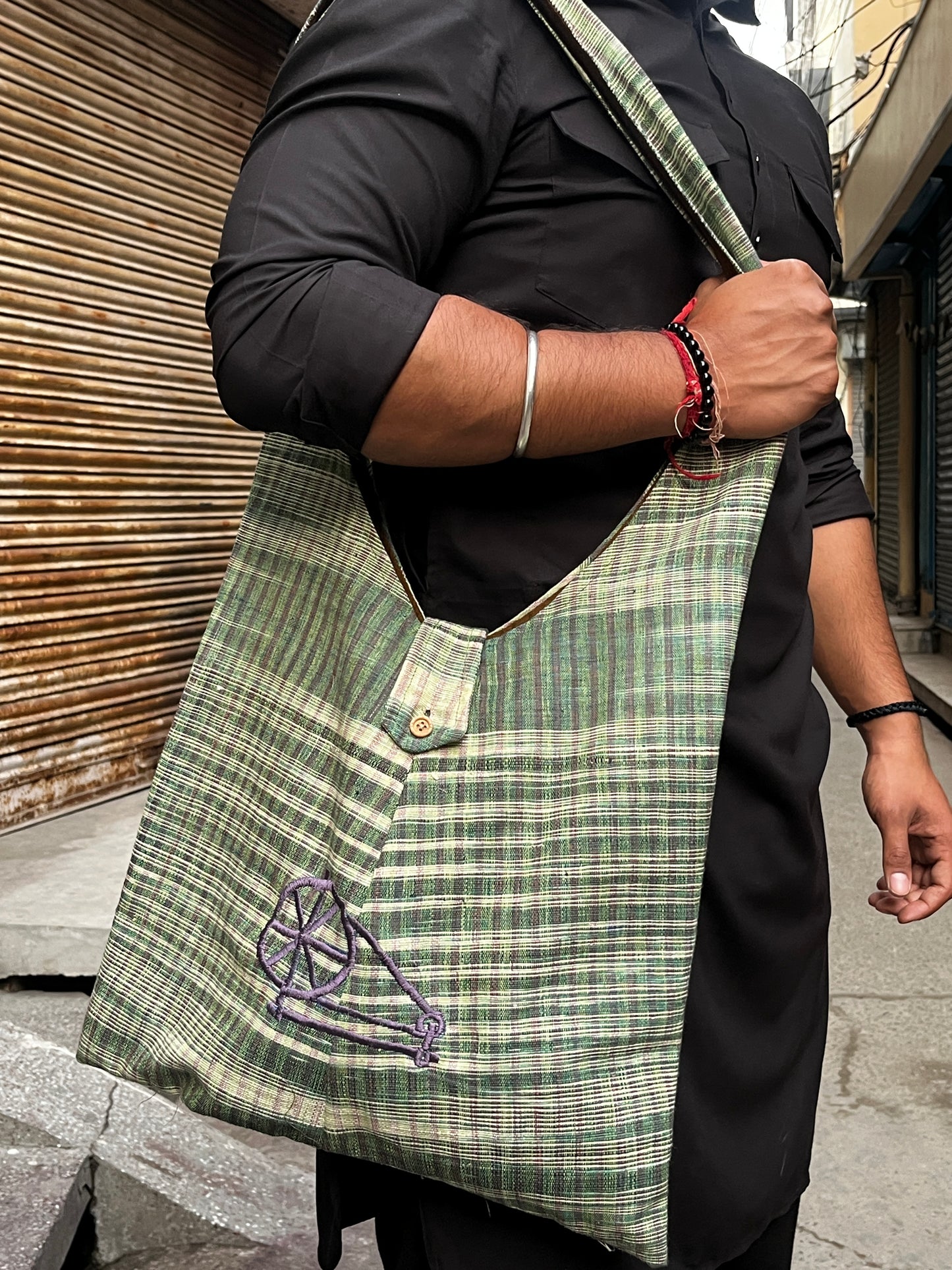 Green Checkered Khadi Sling Bag