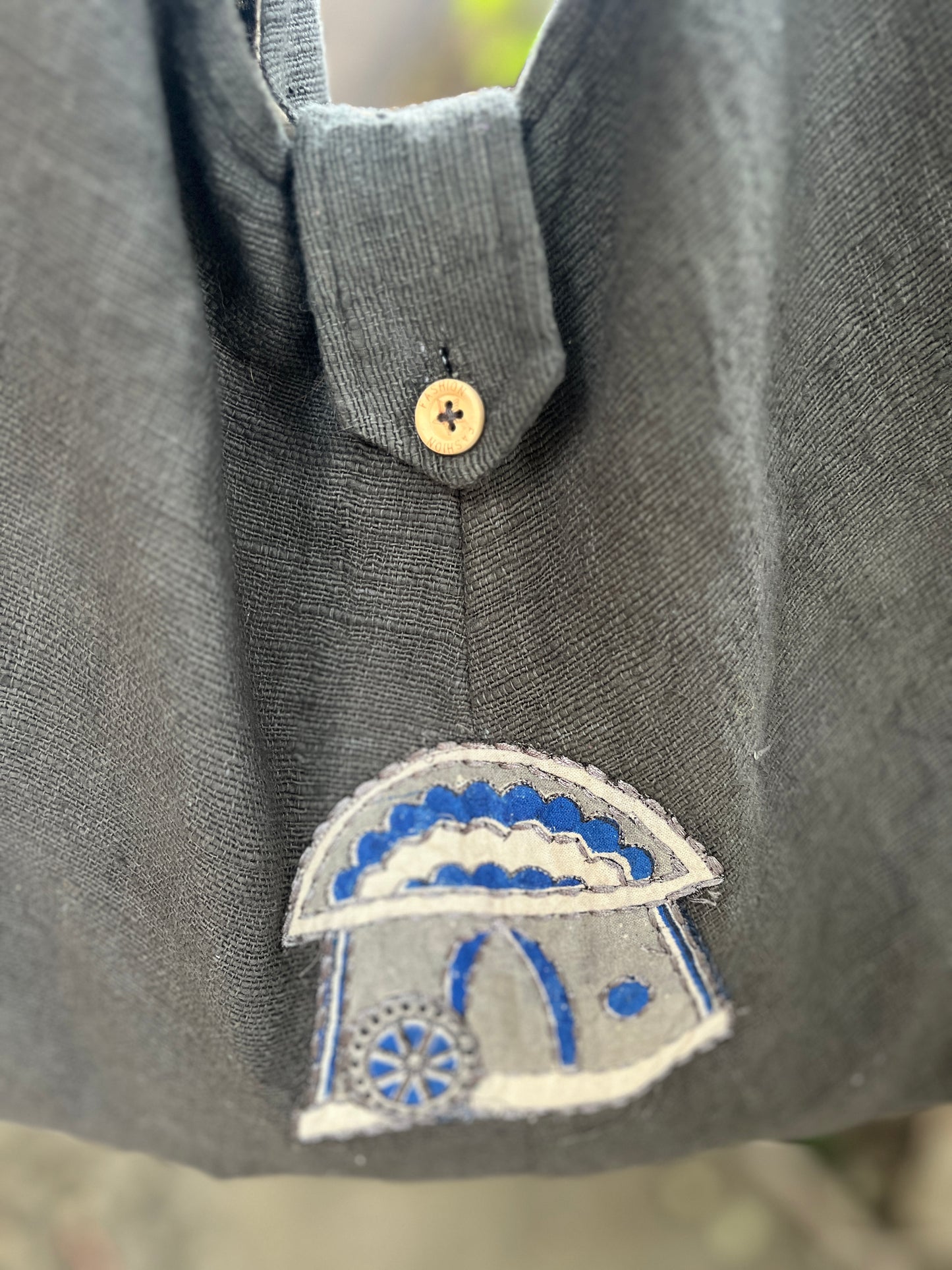 Handcrafted Grey Sling Bag with Cottage Motif