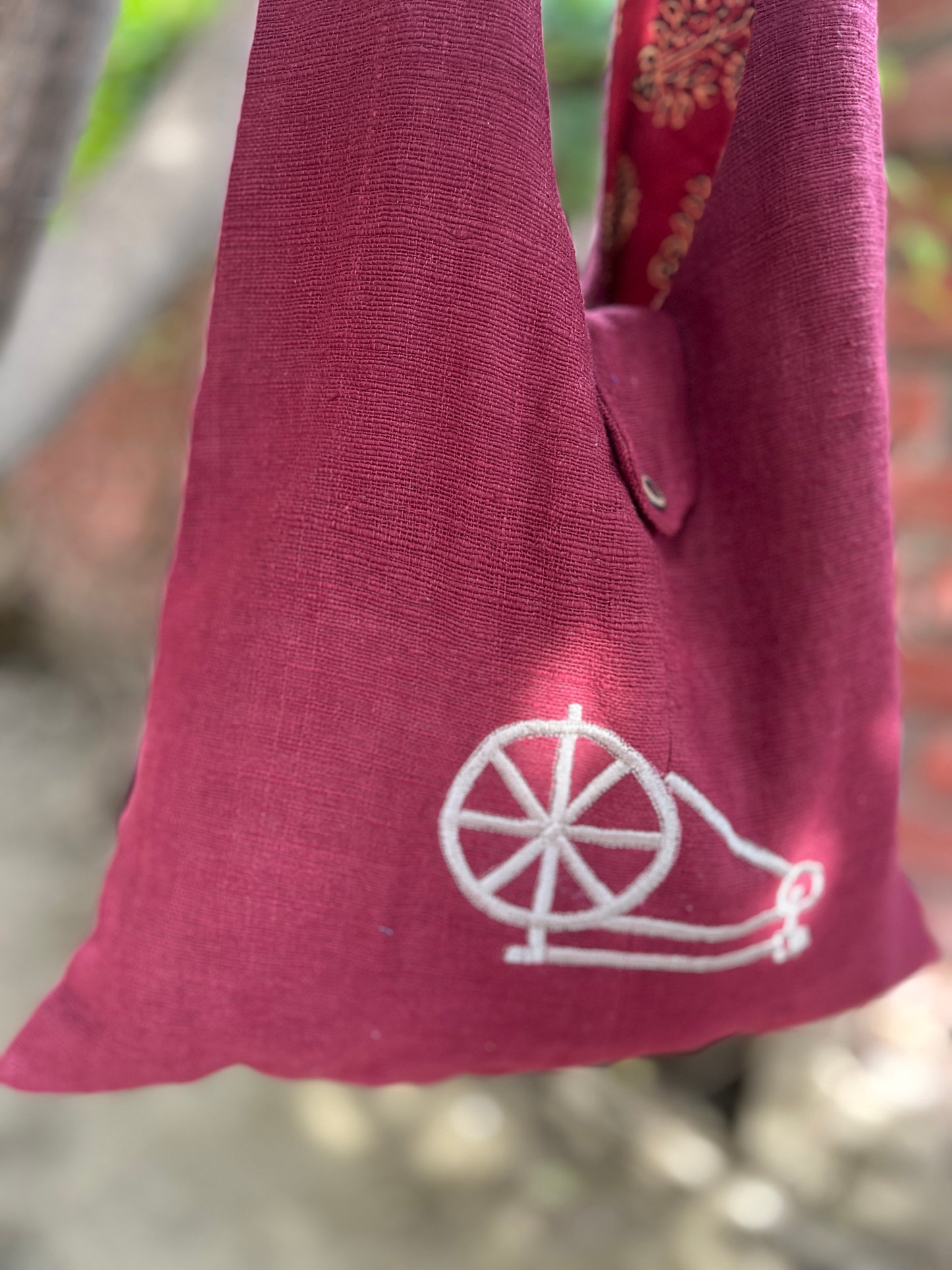 Handcrafted Maroon Khadi Sling Bag with Charkha Embroidery