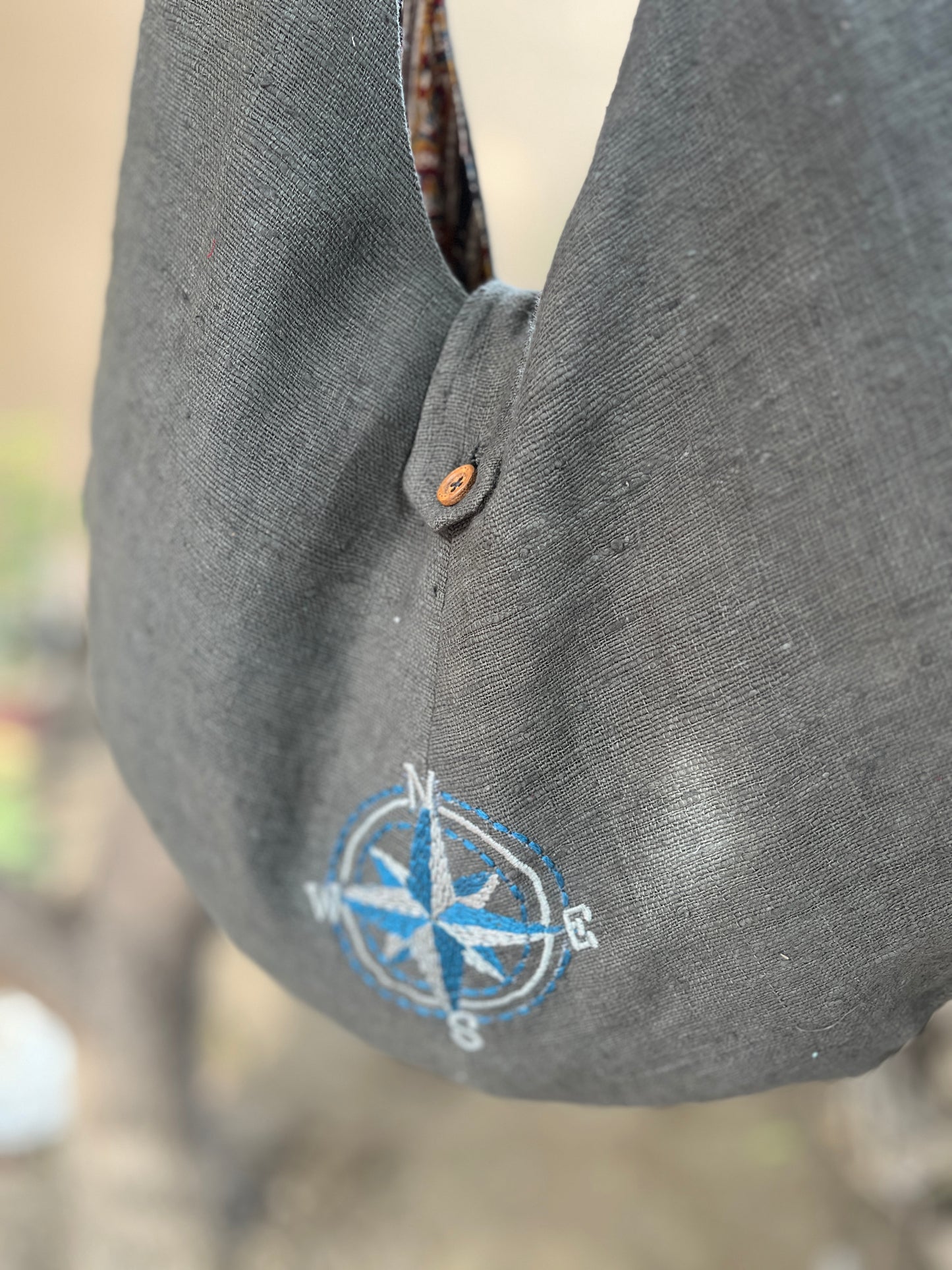 Handcrafted Grey Khadi Sling Bag with Compass Embroidery