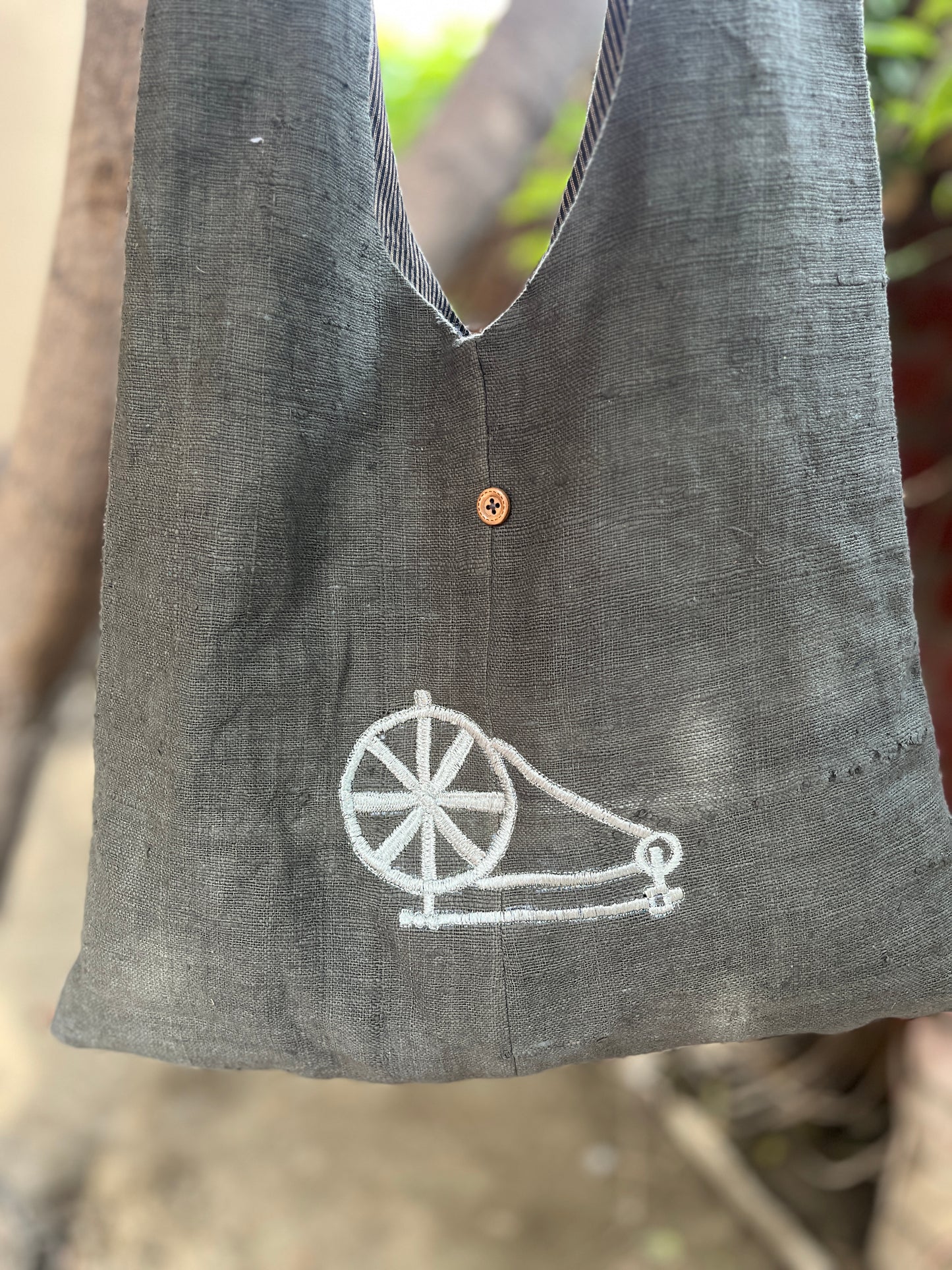Handcrafted Grey Khadi Sling Bag with Charkha Embroidery
