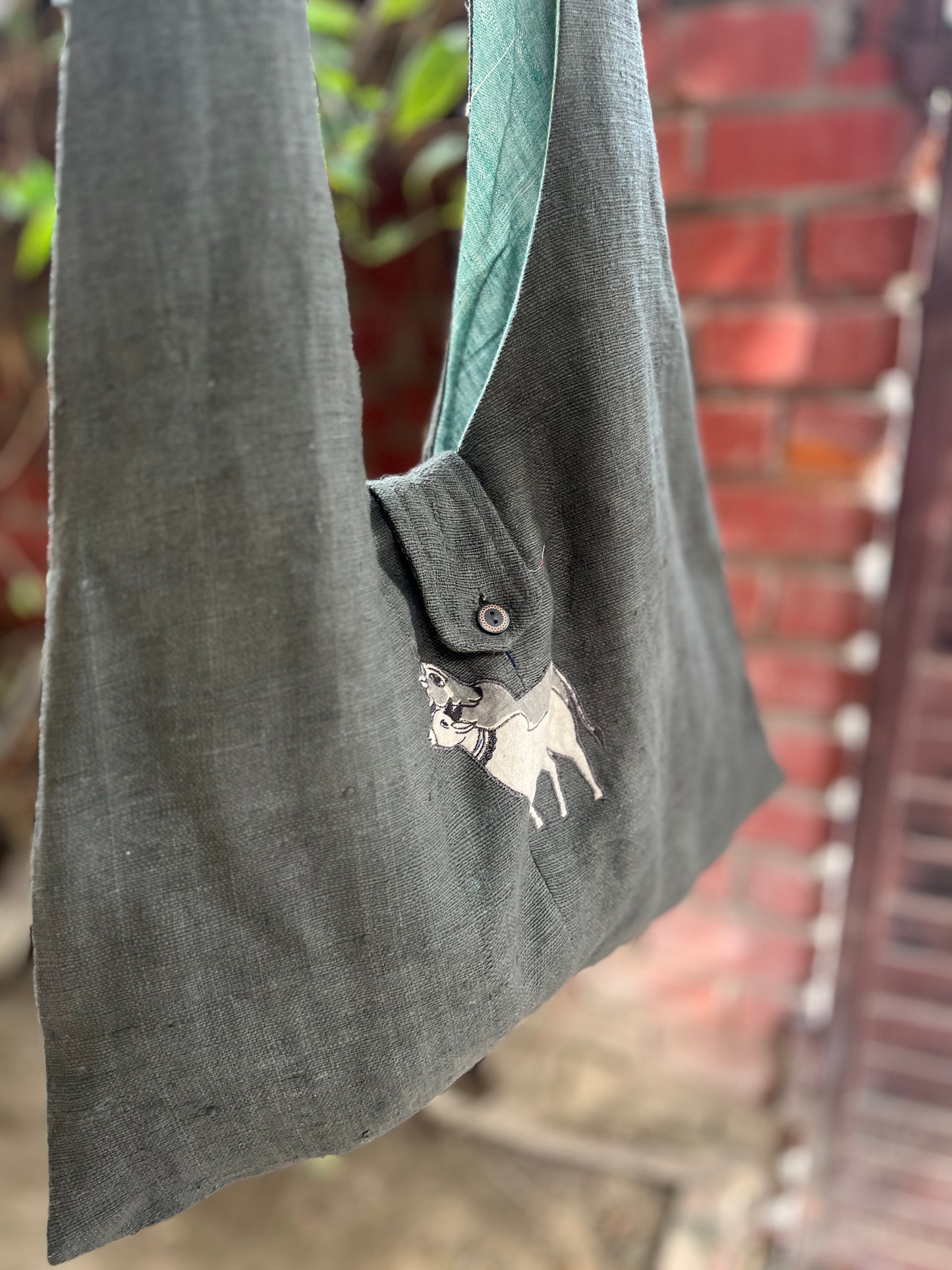 Handcrafted Grey Khadi Sling Bag with Double Cow Motif Embroidery
