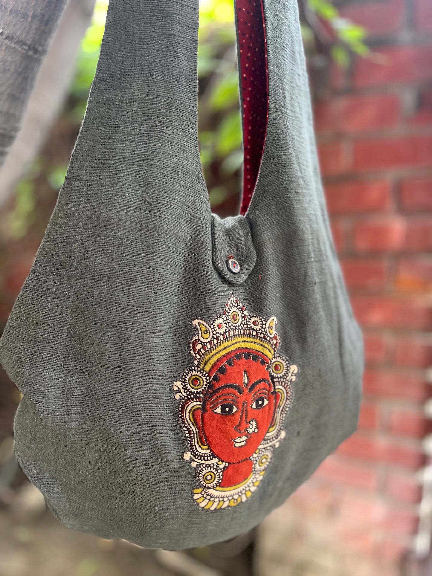 Handcrafted Grey Khadi Sling Bag for Women with Devi Motif Embroidery