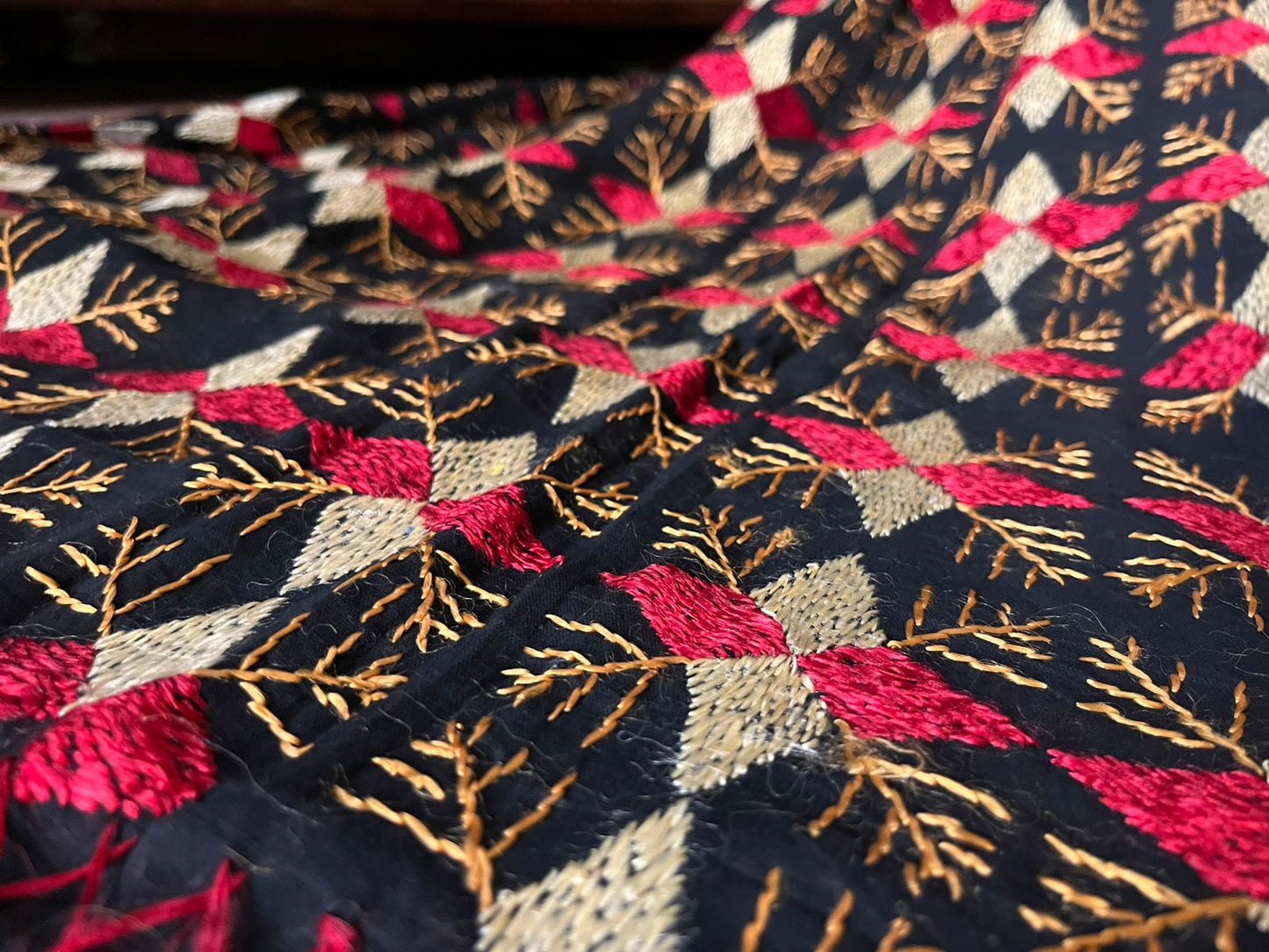 Black Phulkari Dupatta with Golden & Red Hand Embroidery