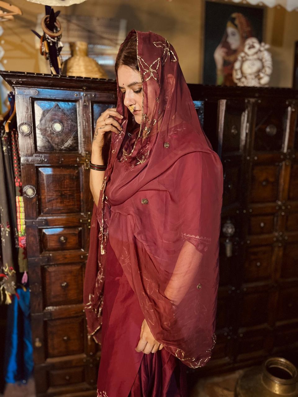 Tila Vintage Work Hand Embroidered Chiffon Dupatta