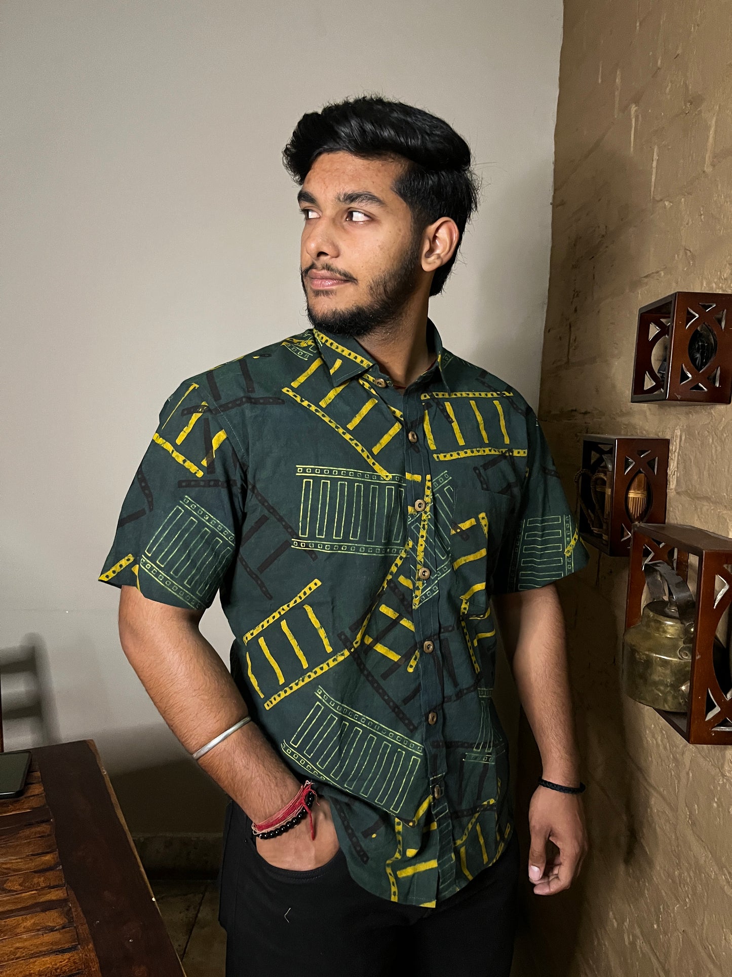 Handcrafted Tribal Print Men’s Cotton Shirt – Green & Yellow Art Pattern