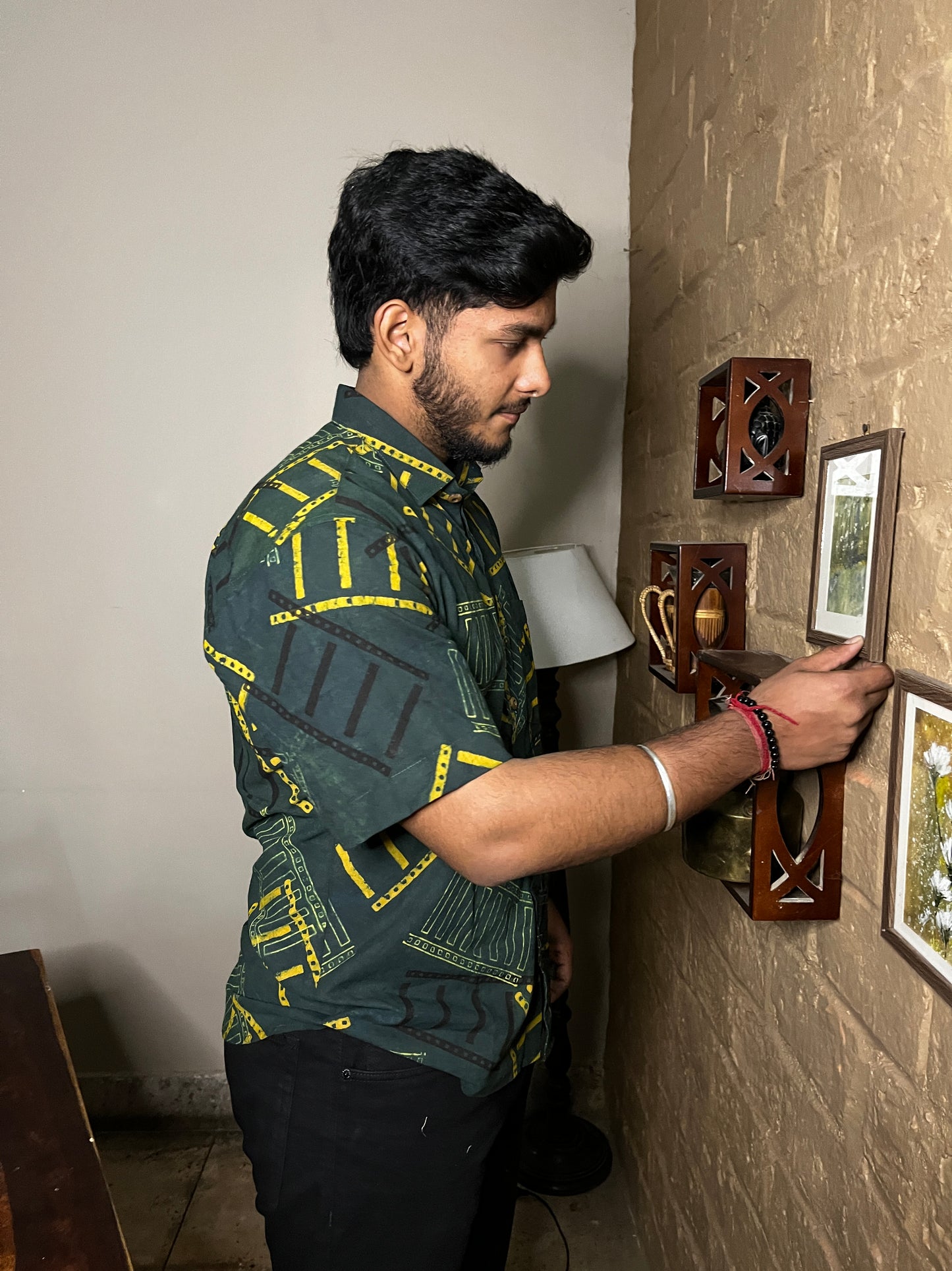 Handcrafted Tribal Print Men’s Cotton Shirt – Green & Yellow Art Pattern