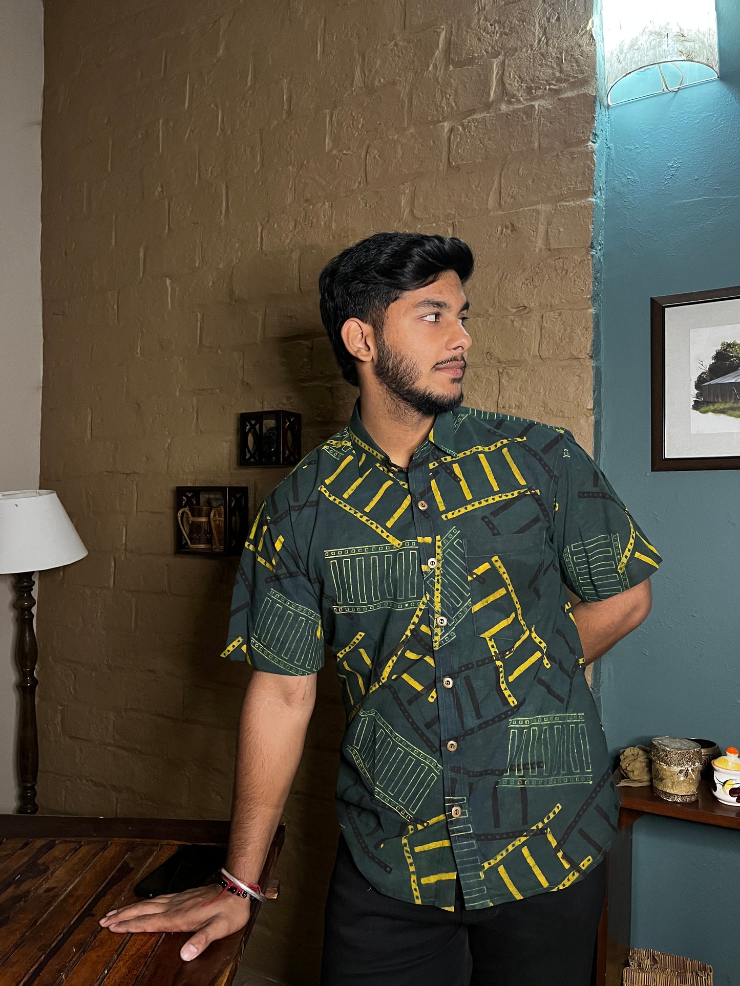 Handcrafted Tribal Print Men’s Cotton Shirt – Green & Yellow Art Pattern