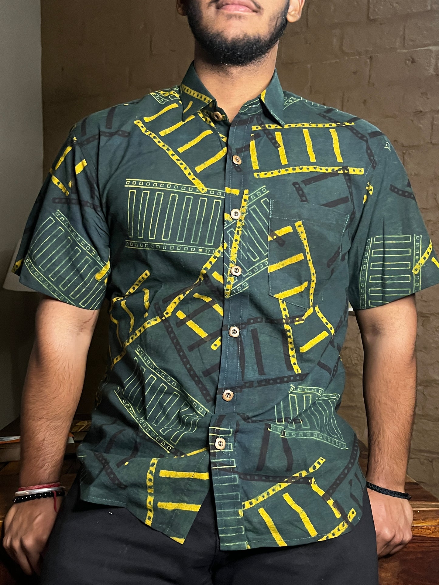 Handcrafted Tribal Print Men’s Cotton Shirt – Green & Yellow Art Pattern