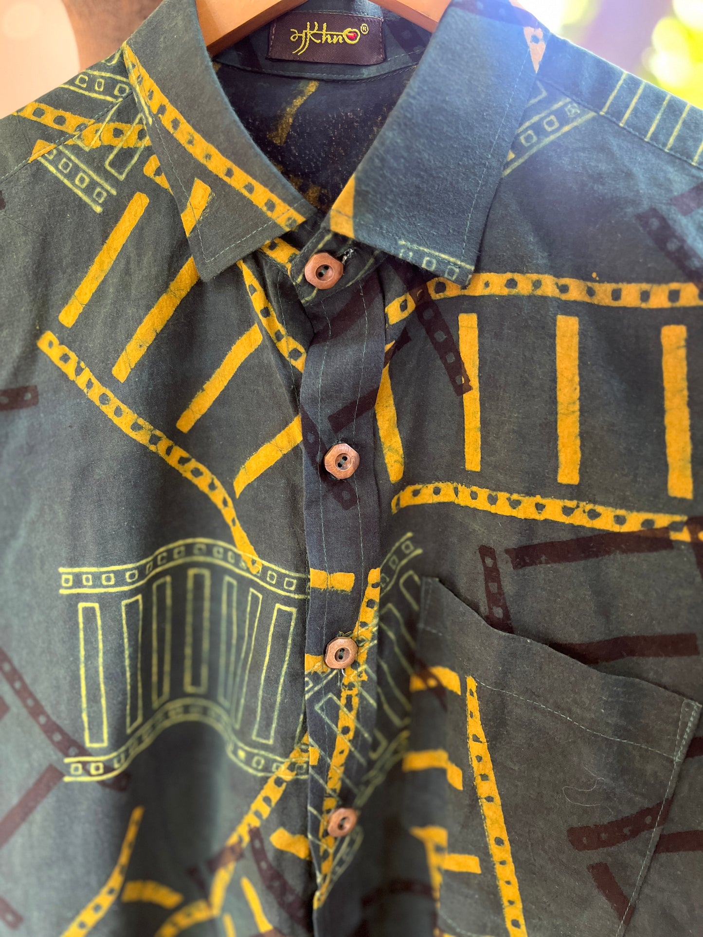 Handcrafted Tribal Print Men’s Cotton Shirt – Green & Yellow Art Pattern