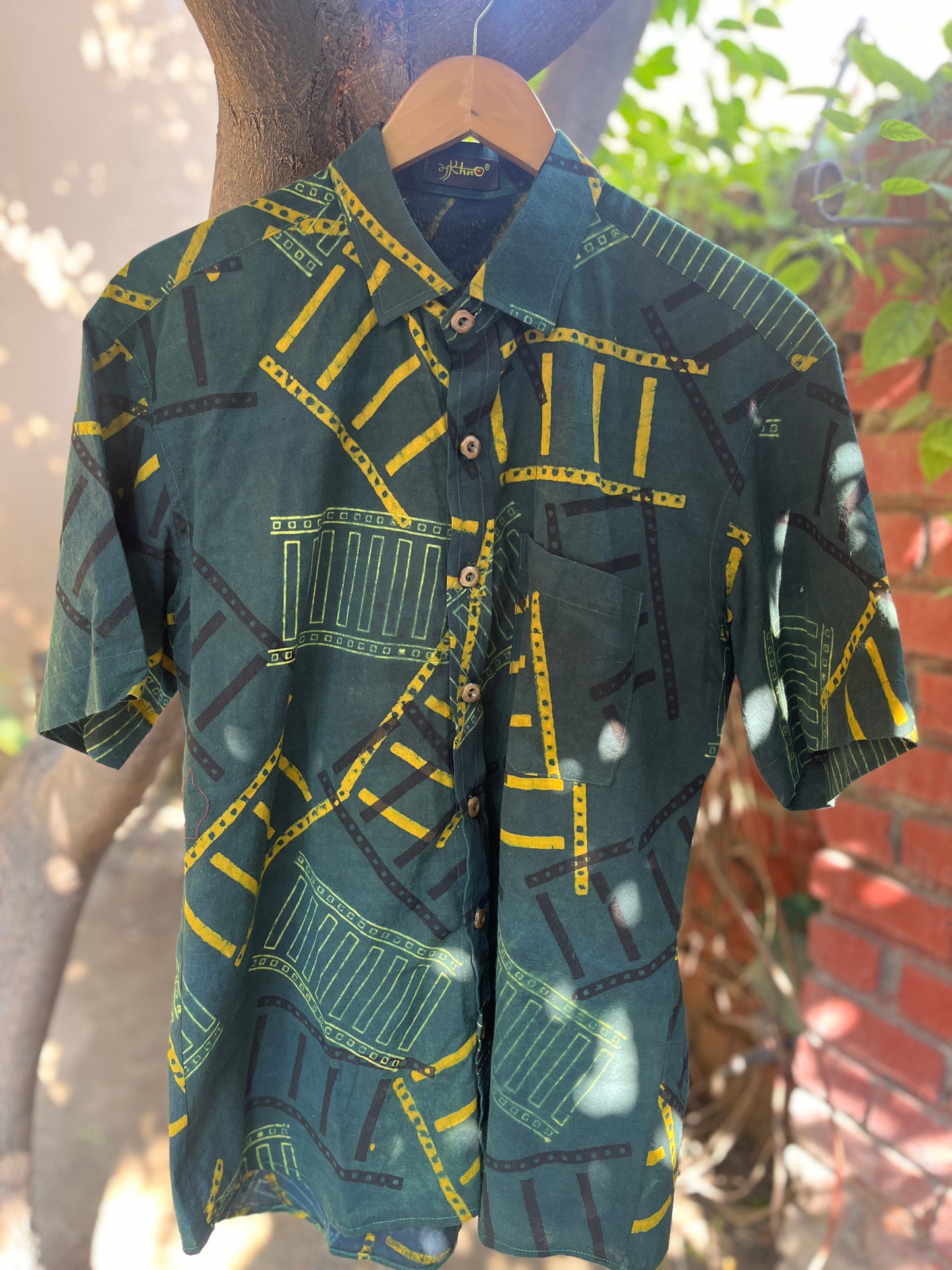 Handcrafted Tribal Print Men’s Cotton Shirt – Green & Yellow Art Pattern