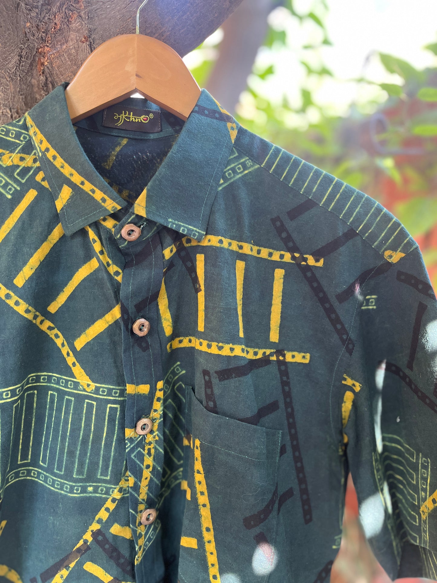Handcrafted Tribal Print Men’s Cotton Shirt – Green & Yellow Art Pattern