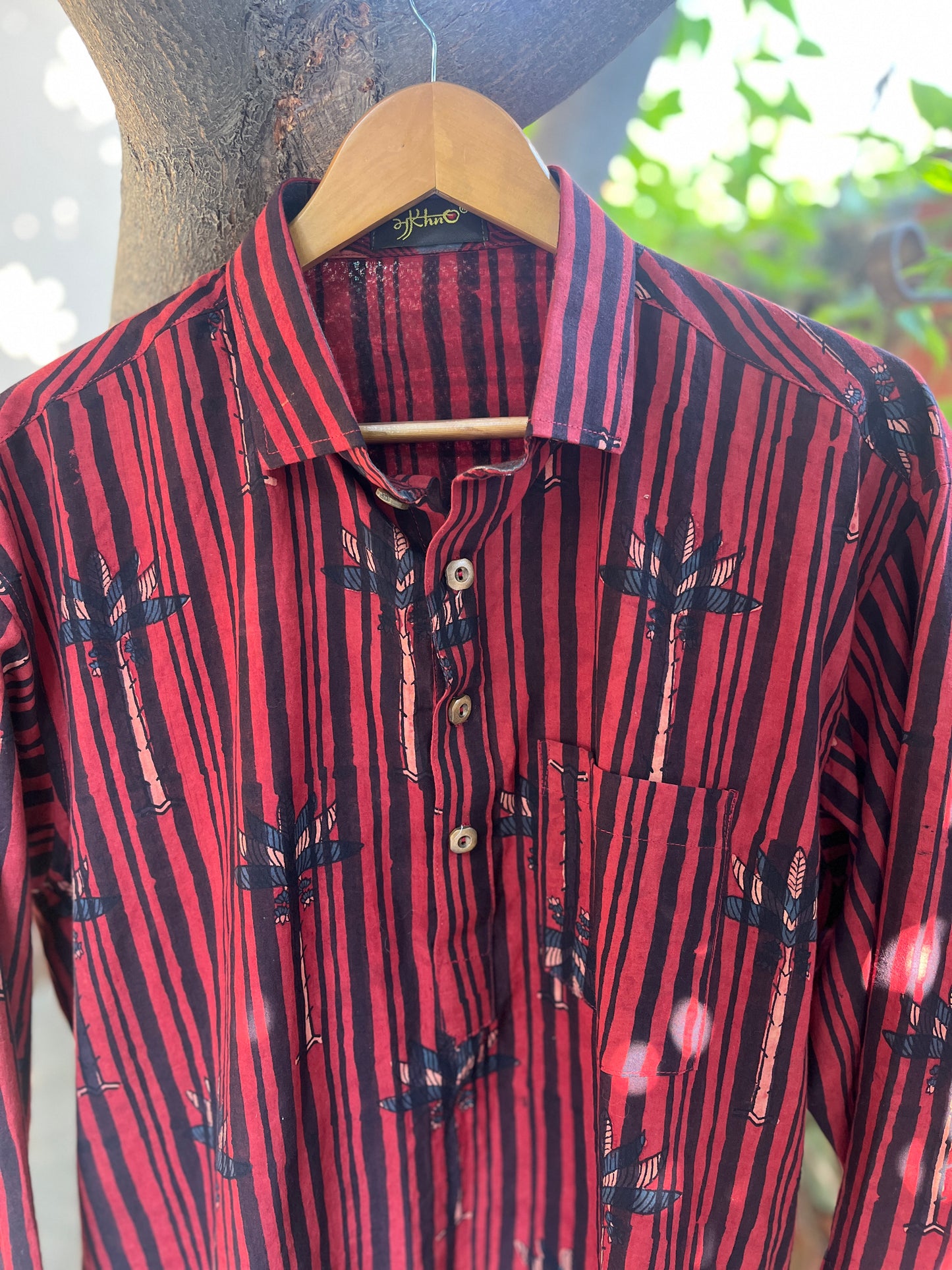 Handcrafted Red Striped Cotton Shirt – Tribal Leaf Print | Men’s Casual Wear