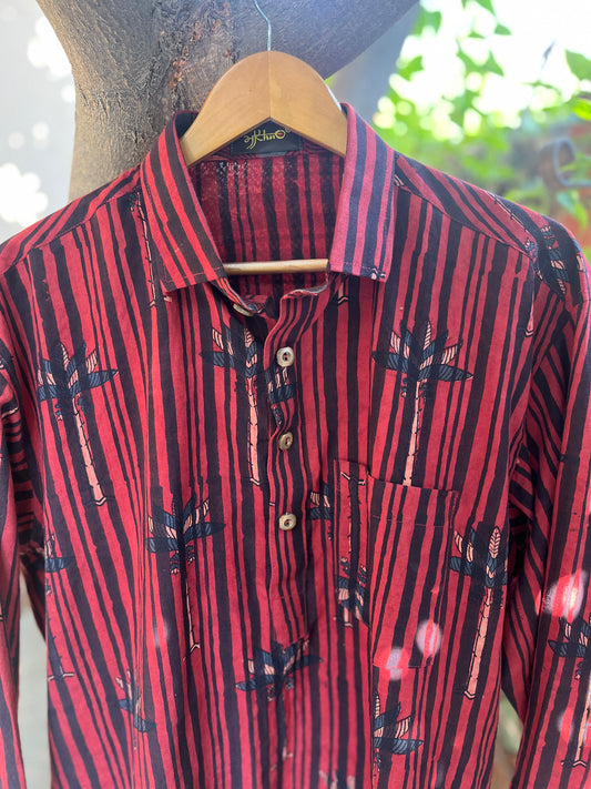Handcrafted Red Striped Cotton Shirt – Tribal Leaf Print | Men’s Casual Wear