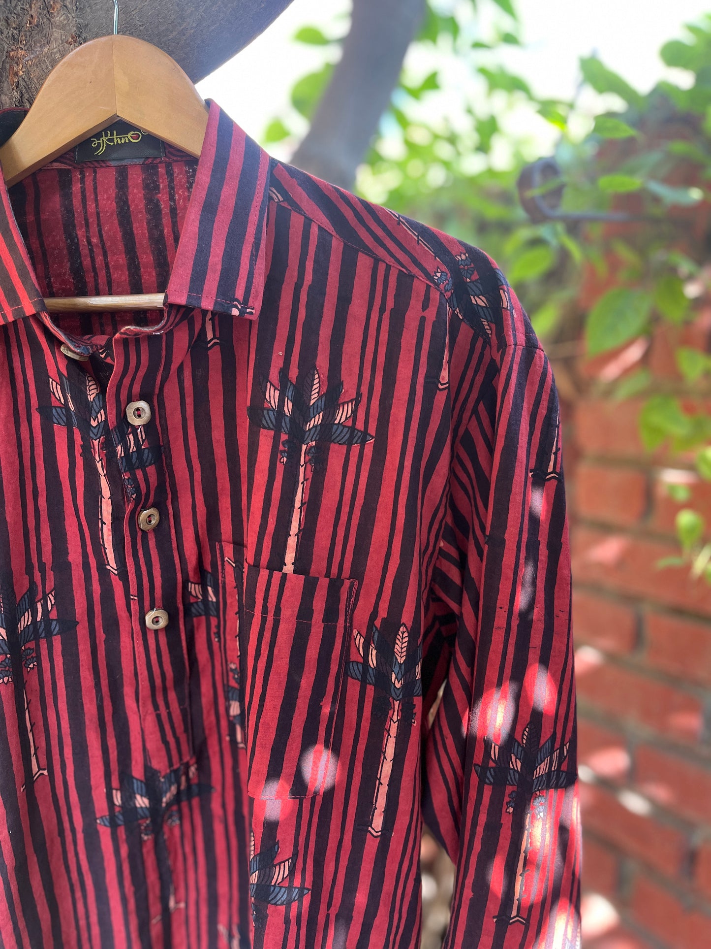 Handcrafted Red Striped Cotton Shirt – Tribal Leaf Print | Men’s Casual Wear