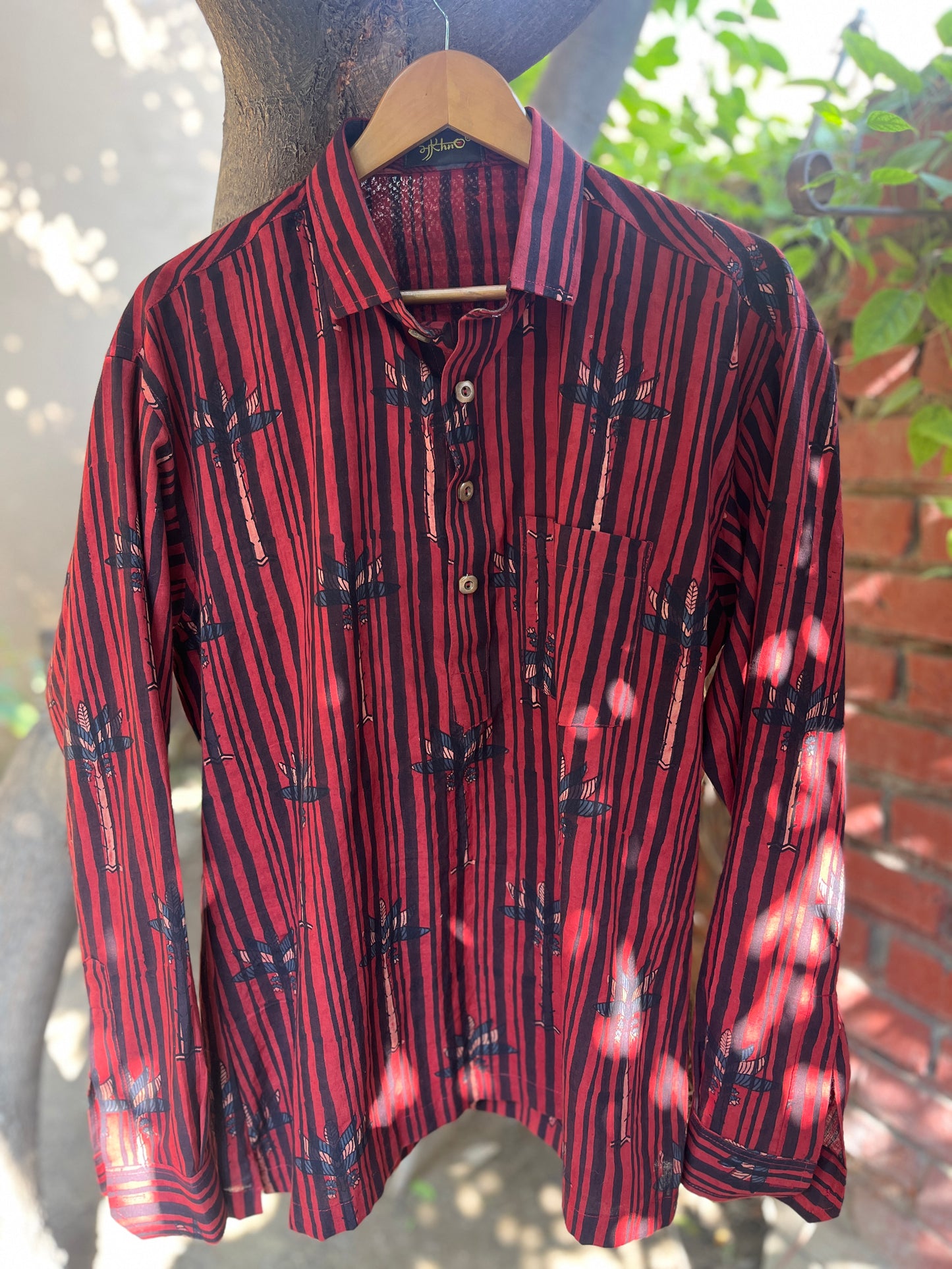 Handcrafted Red Striped Cotton Shirt – Tribal Leaf Print | Men’s Casual Wear