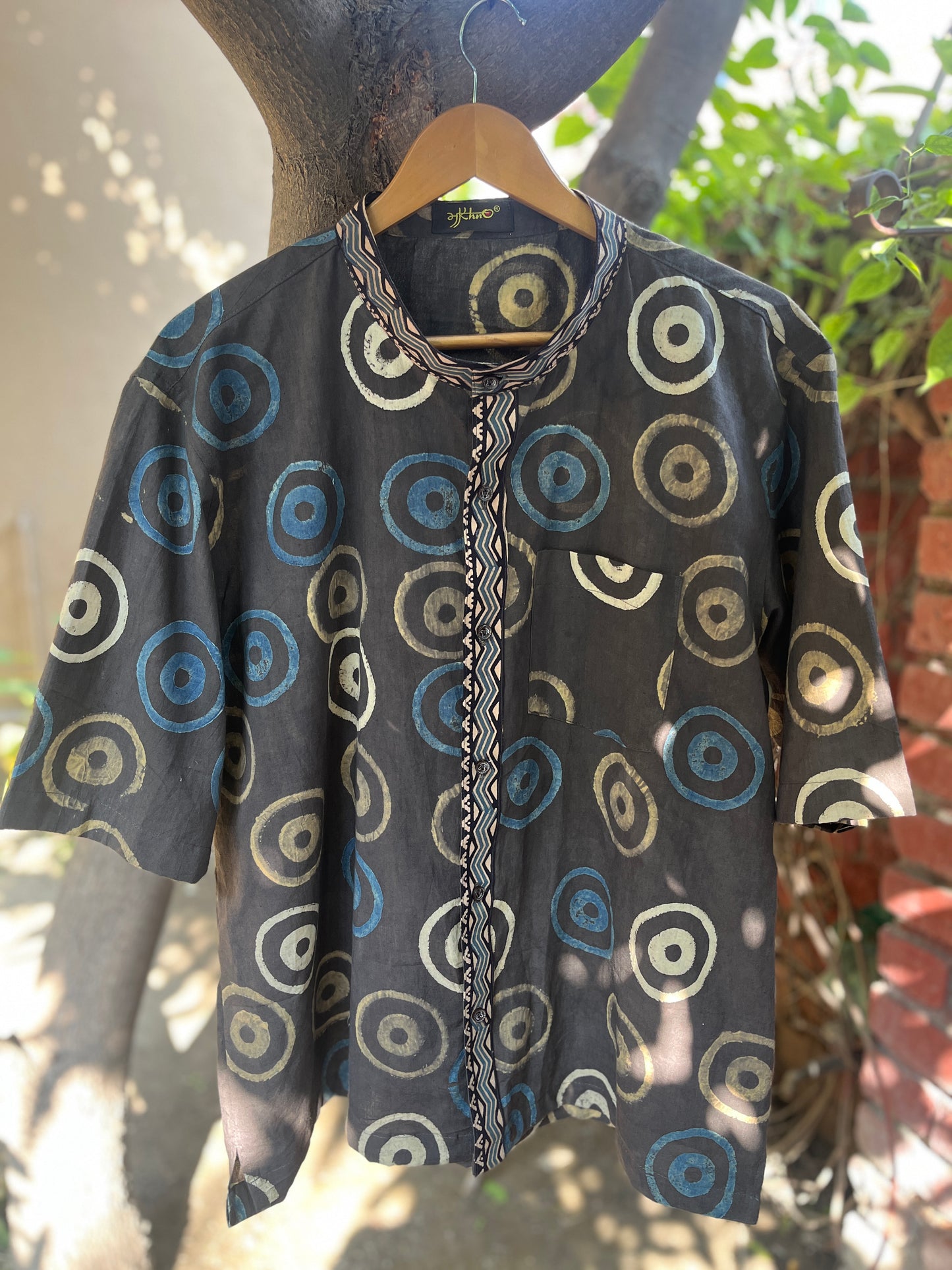 Blue & Cream Circle Print Men’s Cotton Shirt