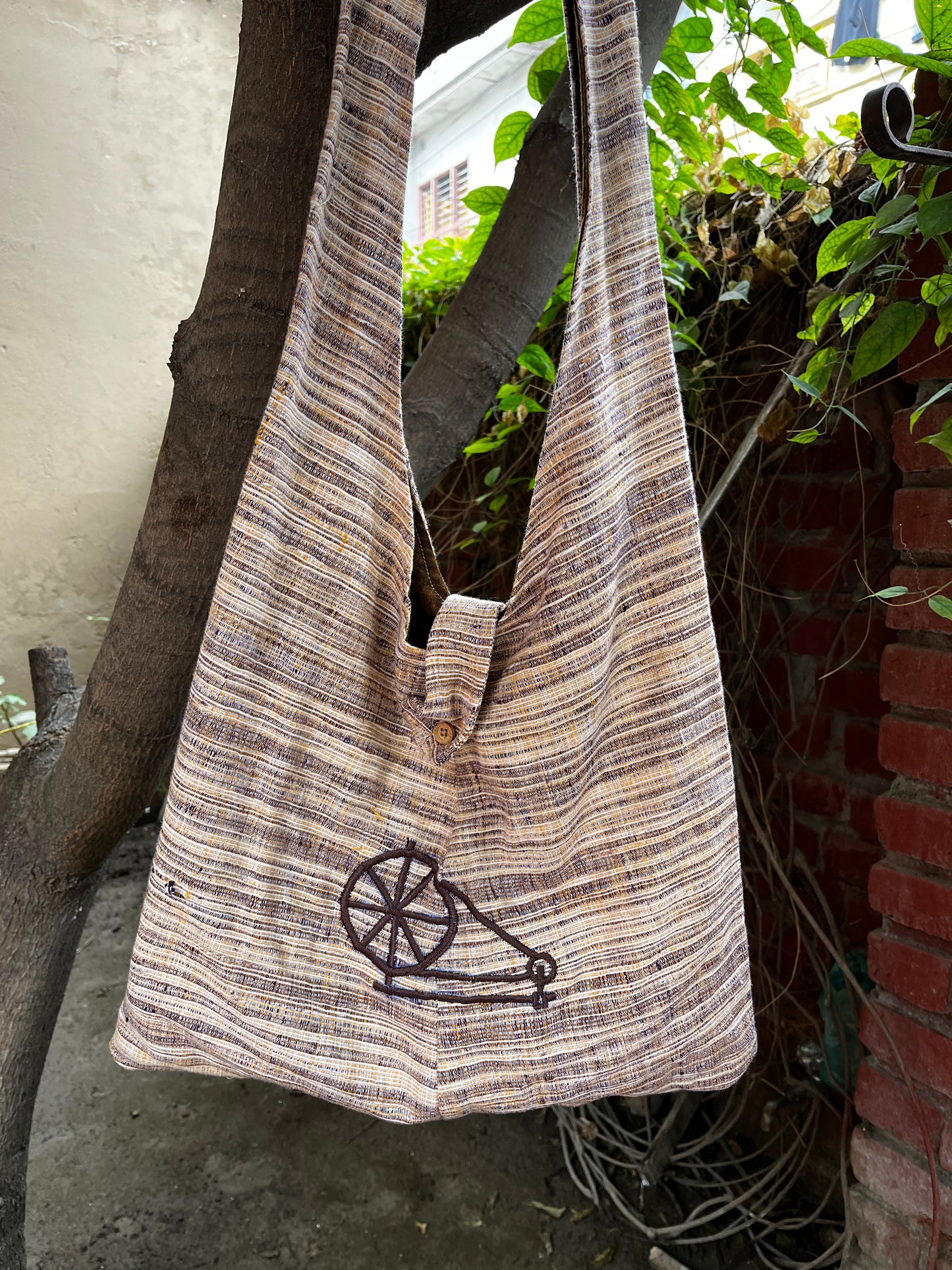 Natural Brown Khadi Sling Bag – Charkha Embroidery