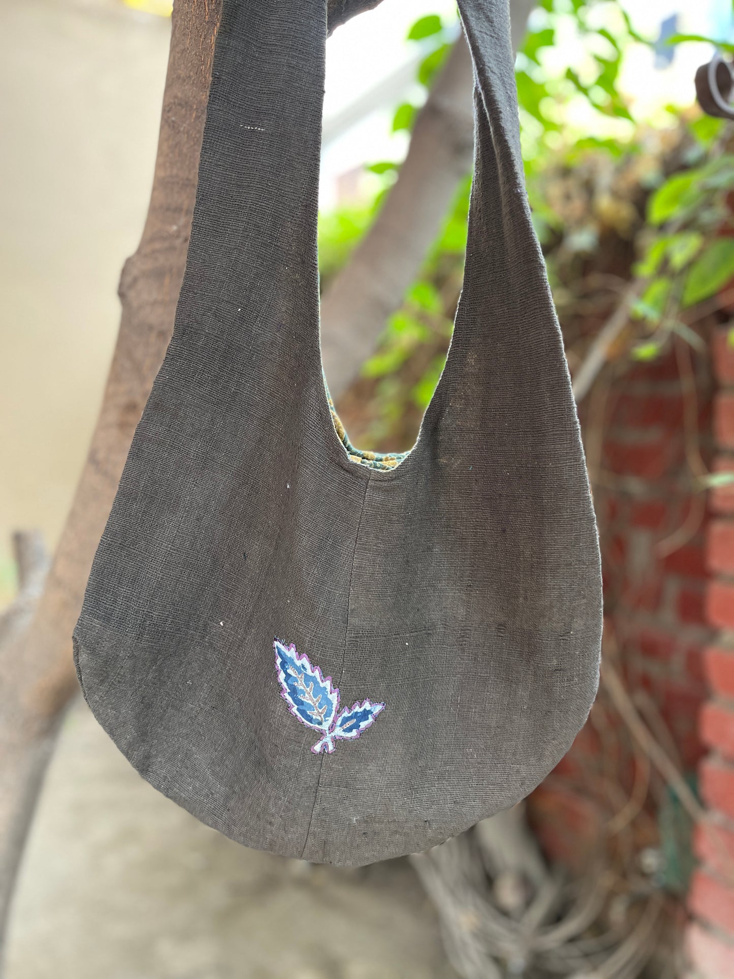 Black Khadi Sling Bag – Leaf Embroidery