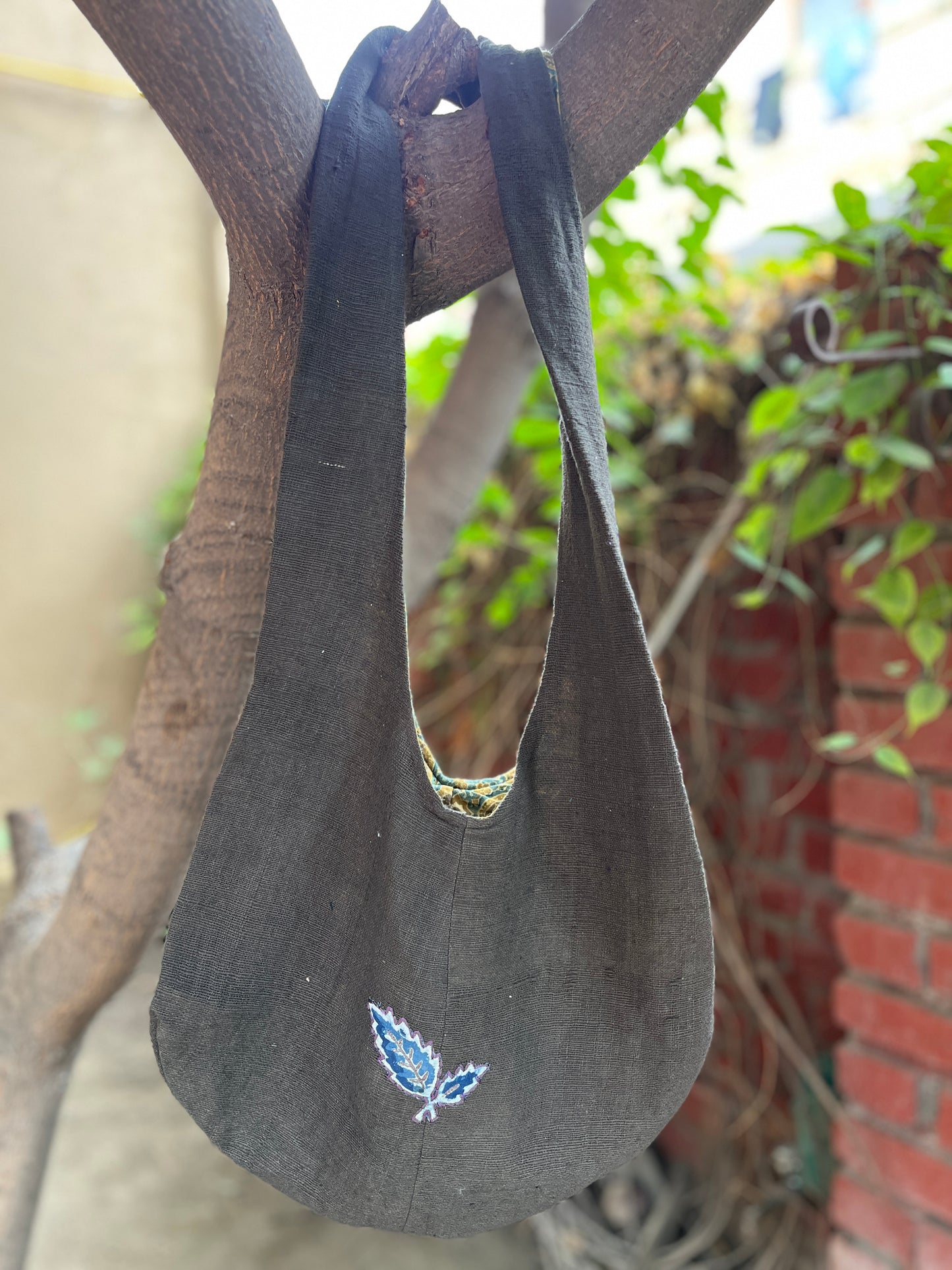 Black Khadi Sling Bag – Leaf Embroidery