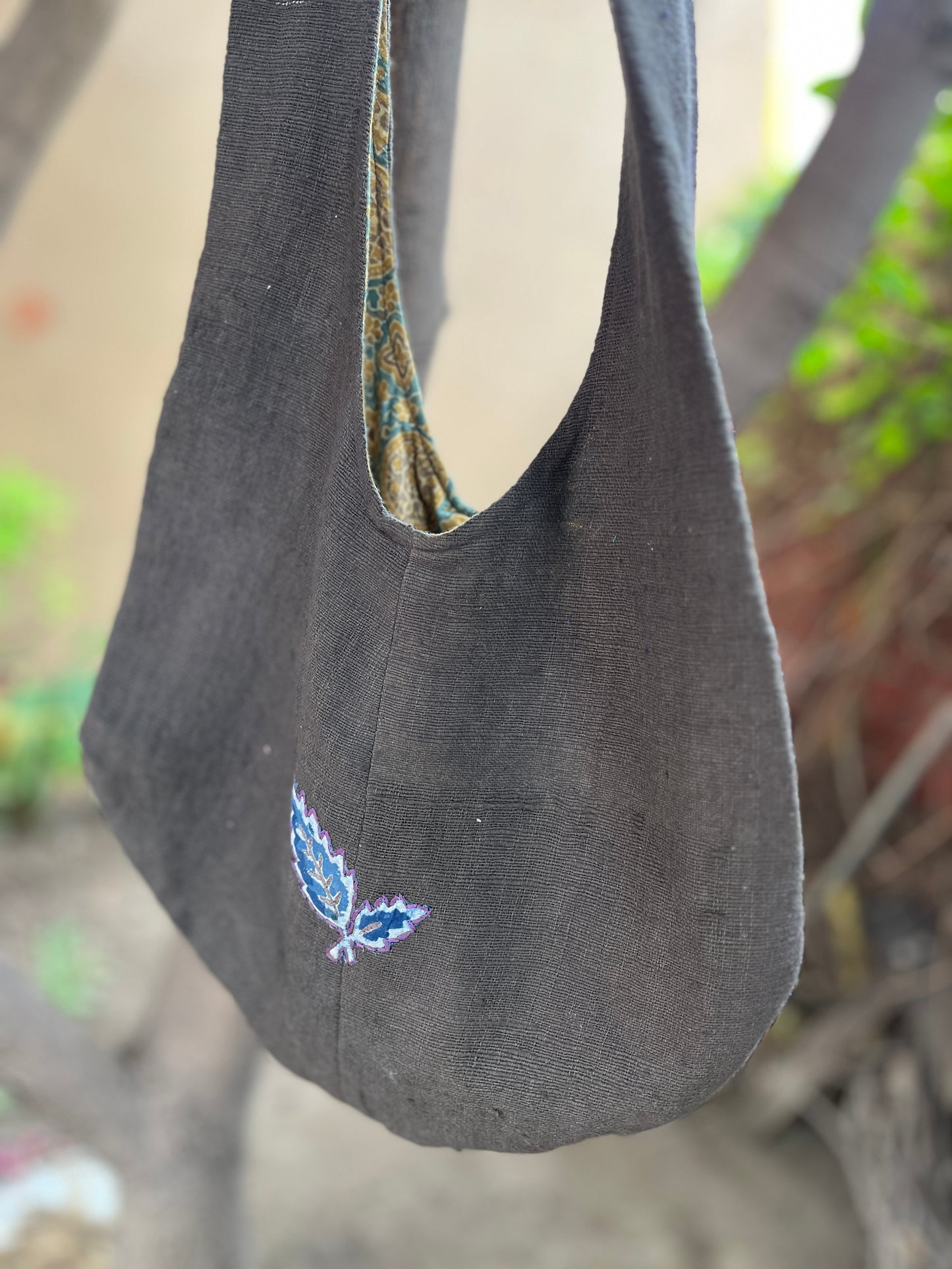 Black Khadi Sling Bag – Leaf Embroidery