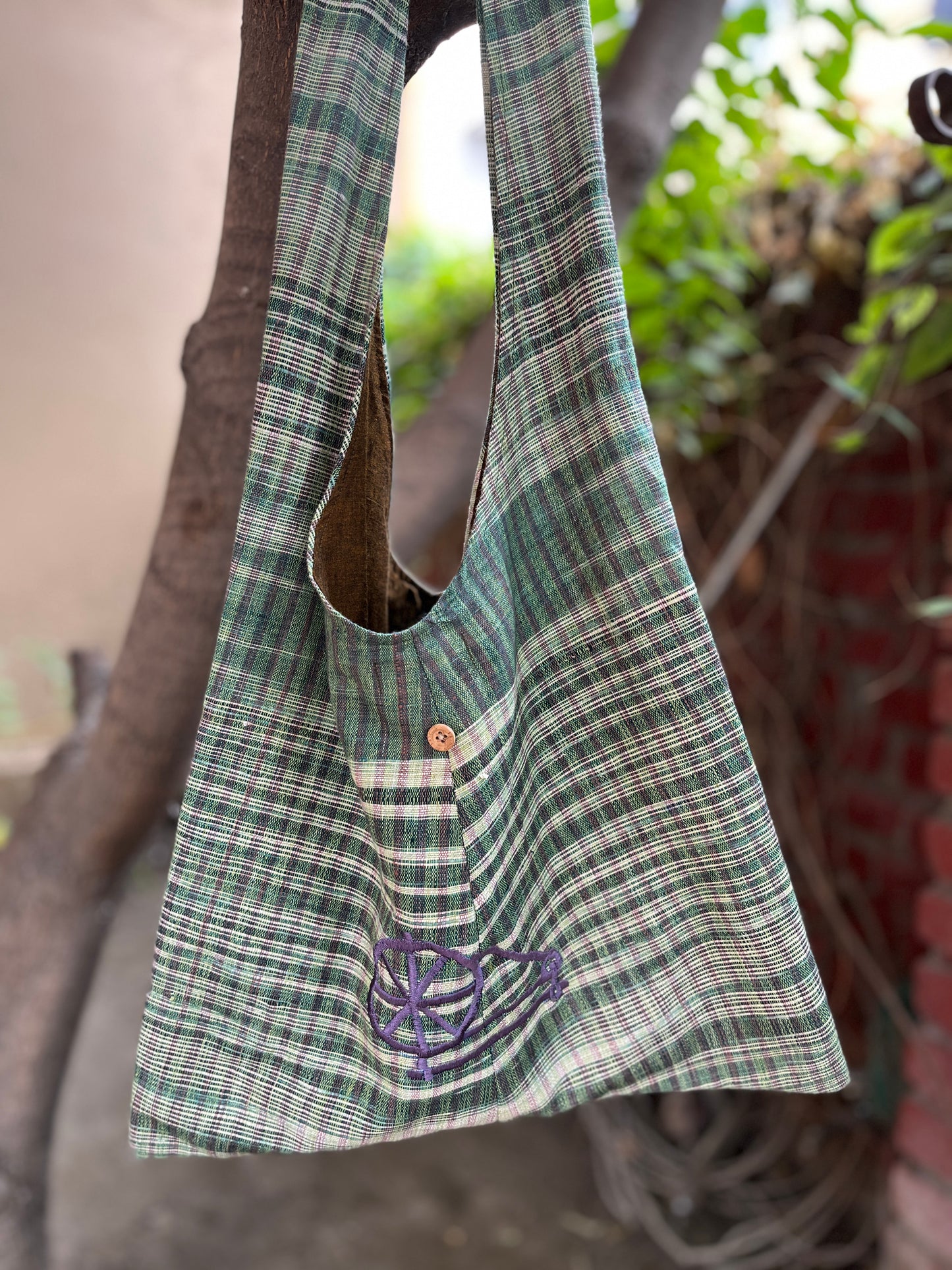 Green Checkered Khadi Sling Bag