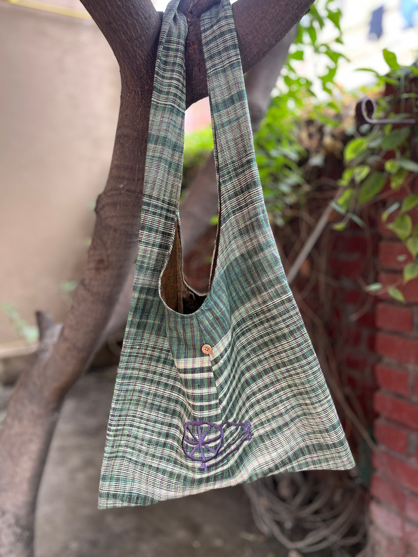 Green Checkered Khadi Sling Bag