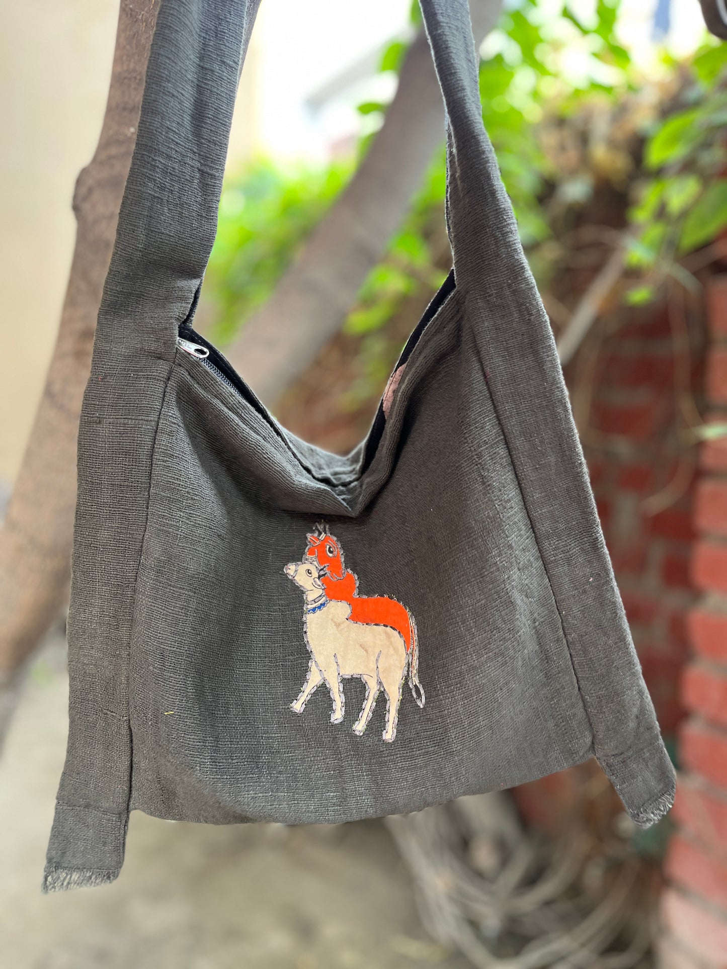 Black Khadi Sling Bag – Folk Art Motif