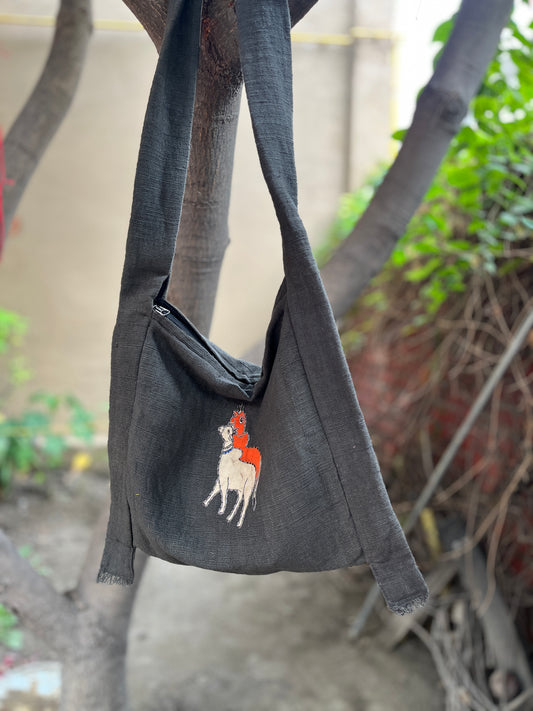 Black Khadi Sling Bag – Folk Art Motif