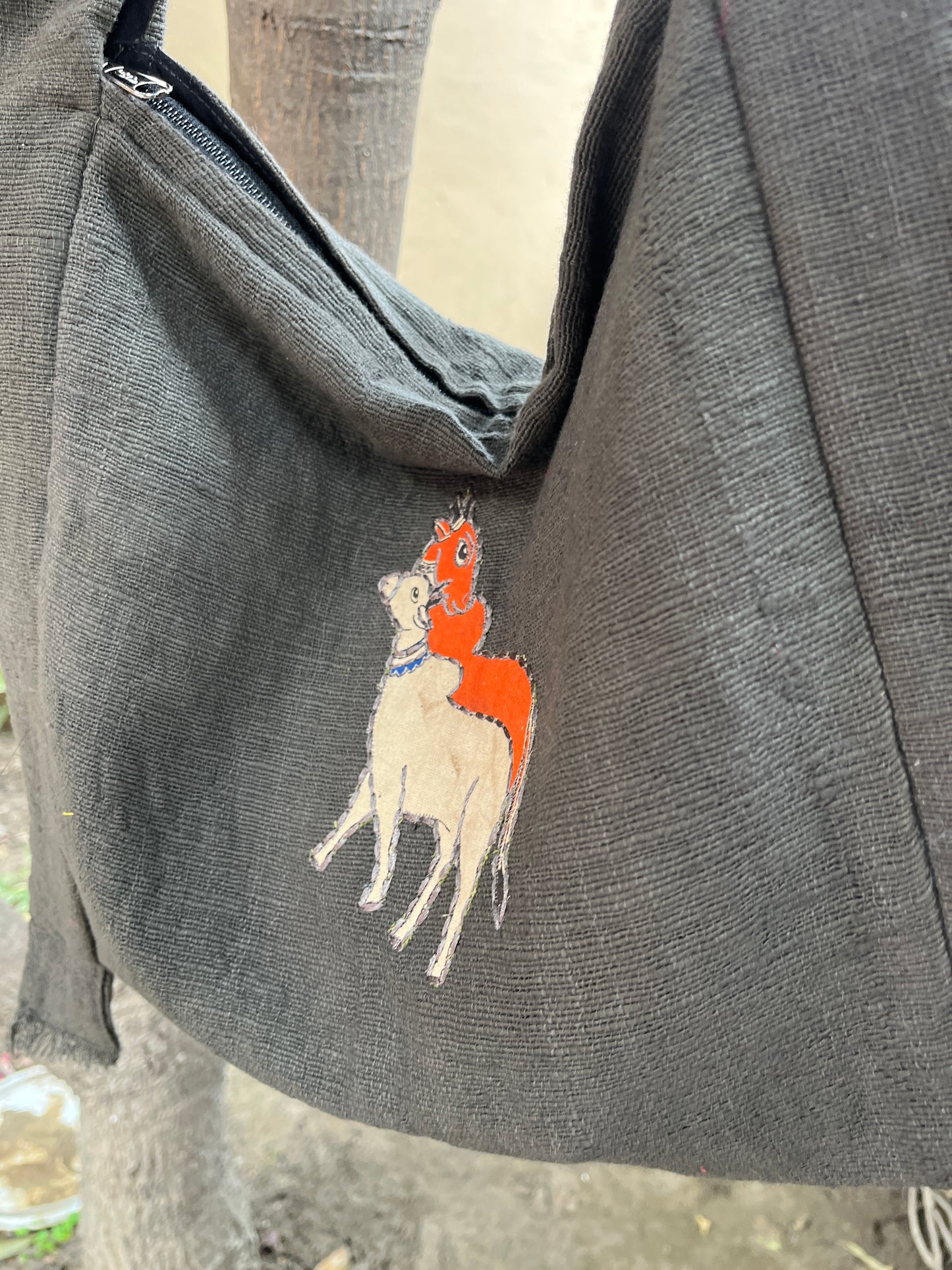 Black Khadi Sling Bag – Folk Art Motif