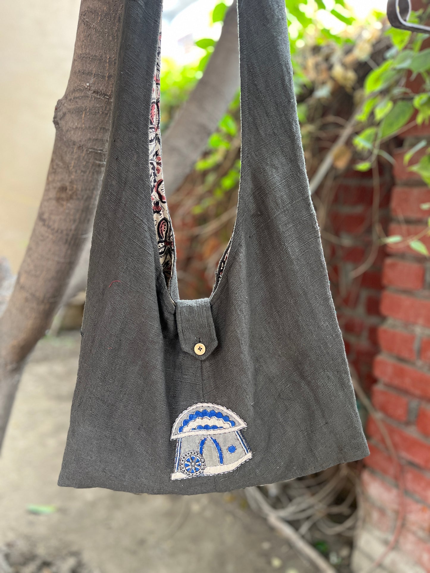 Handcrafted Grey Sling Bag with Cottage Motif