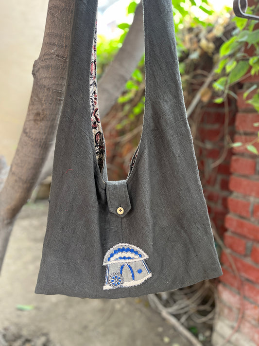 Handcrafted Grey Sling Bag with Cottage Motif