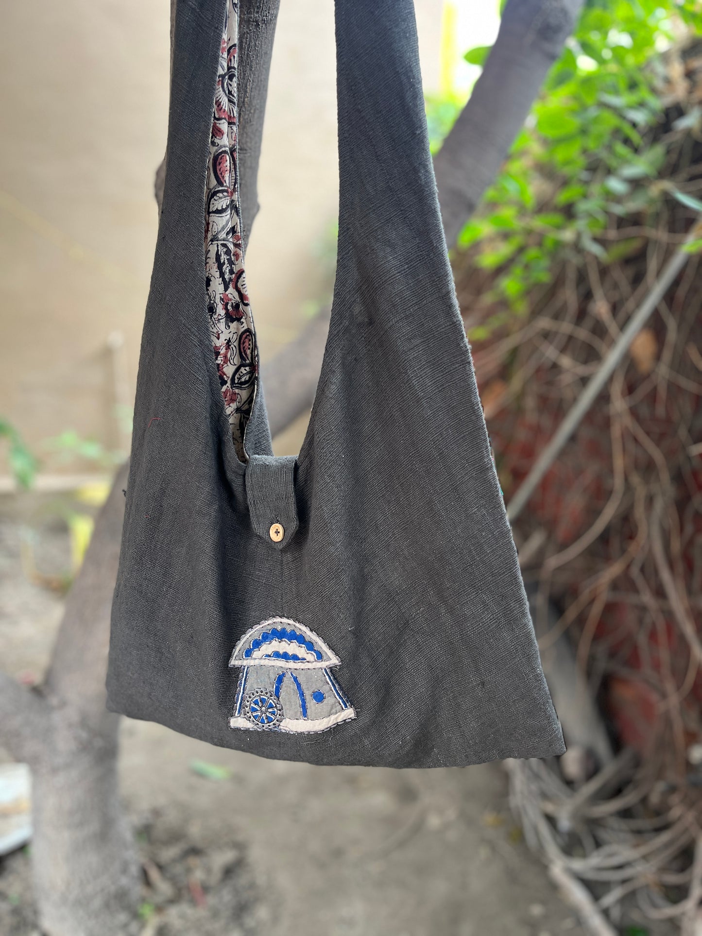 Handcrafted Grey Sling Bag with Cottage Motif