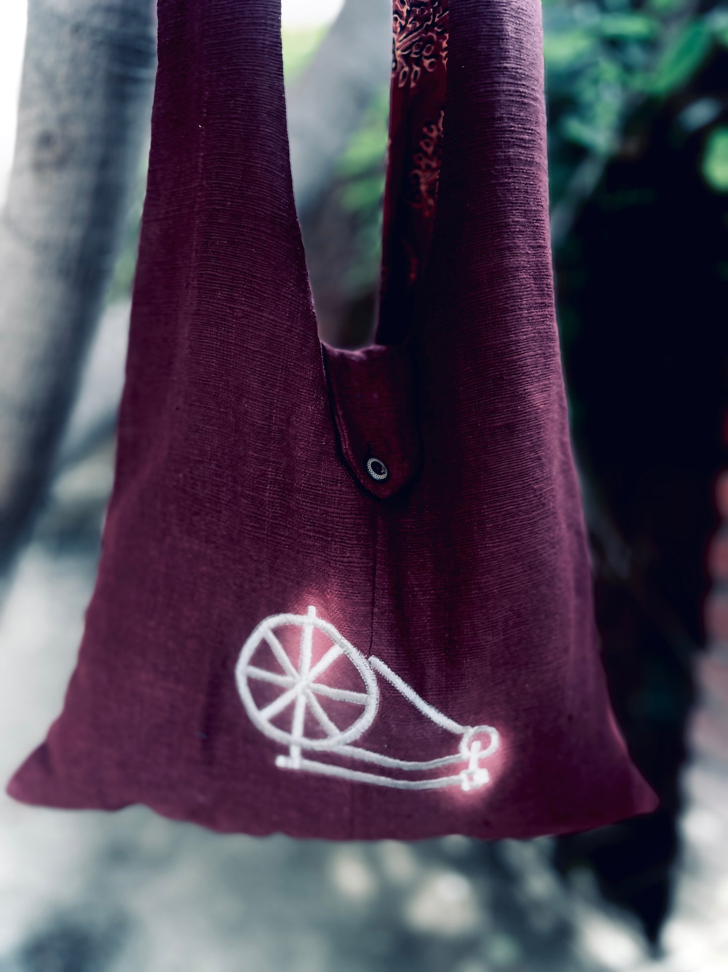 Handcrafted Maroon Khadi Sling Bag with Charkha Embroidery