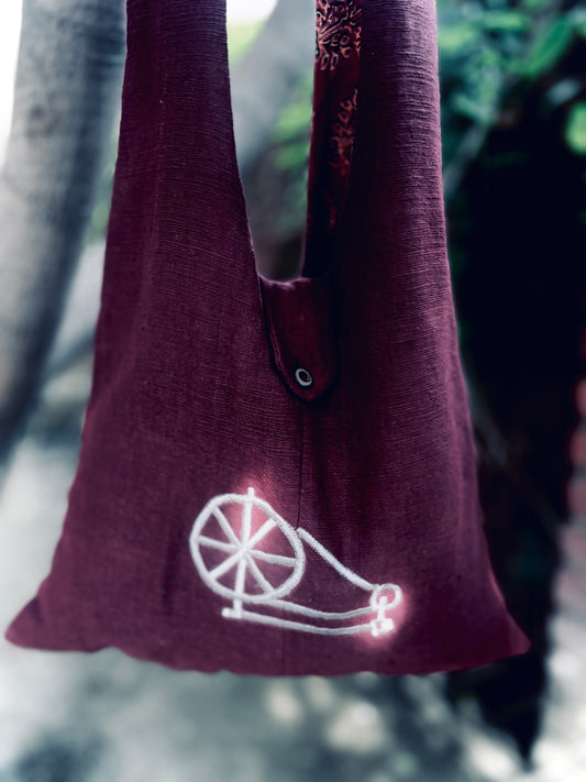 Handcrafted Maroon Khadi Sling Bag with Charkha Embroidery