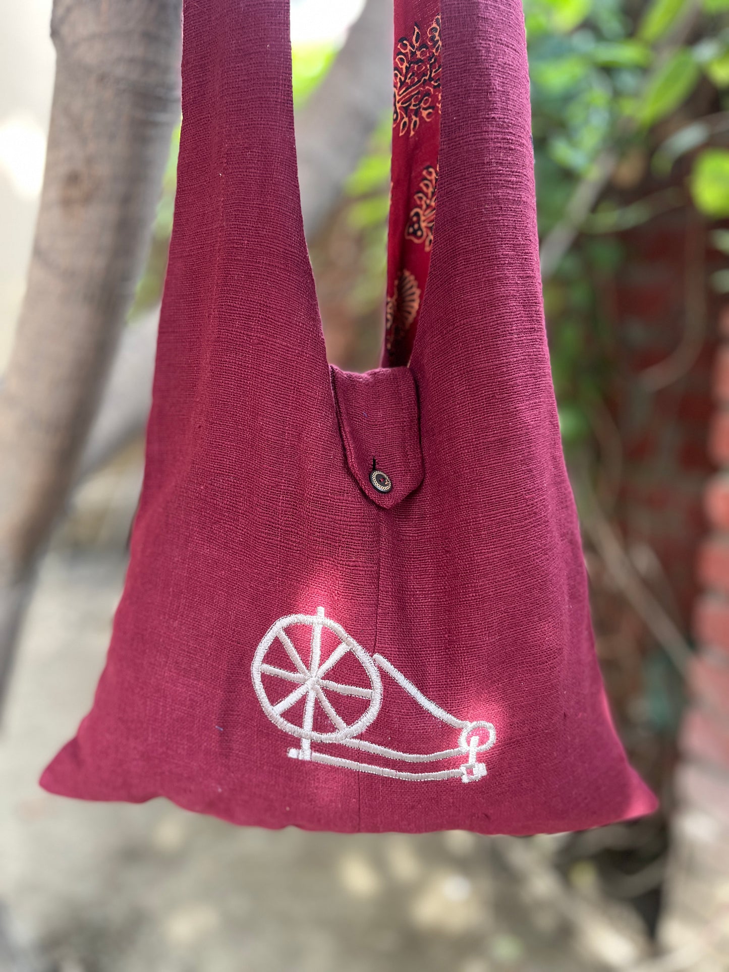 Handcrafted Maroon Khadi Sling Bag with Charkha Embroidery