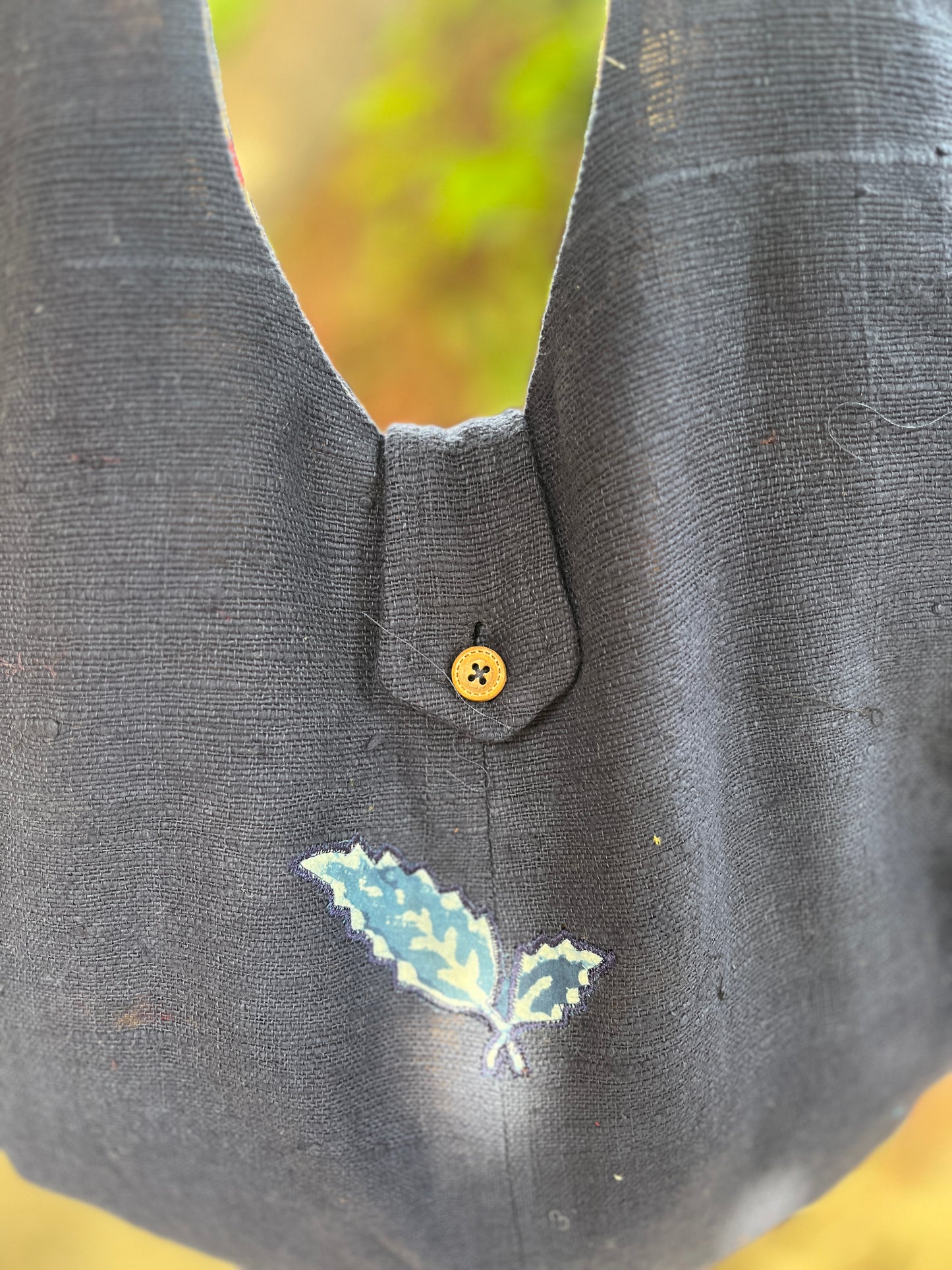 Handcrafted Navy Blue Khadi Sling Bag with Leaf Motif Embroidery