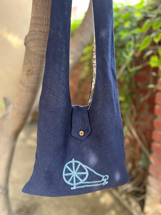 Handcrafted Navy Blue Khadi Sling Bag with Charkha Embroidery
