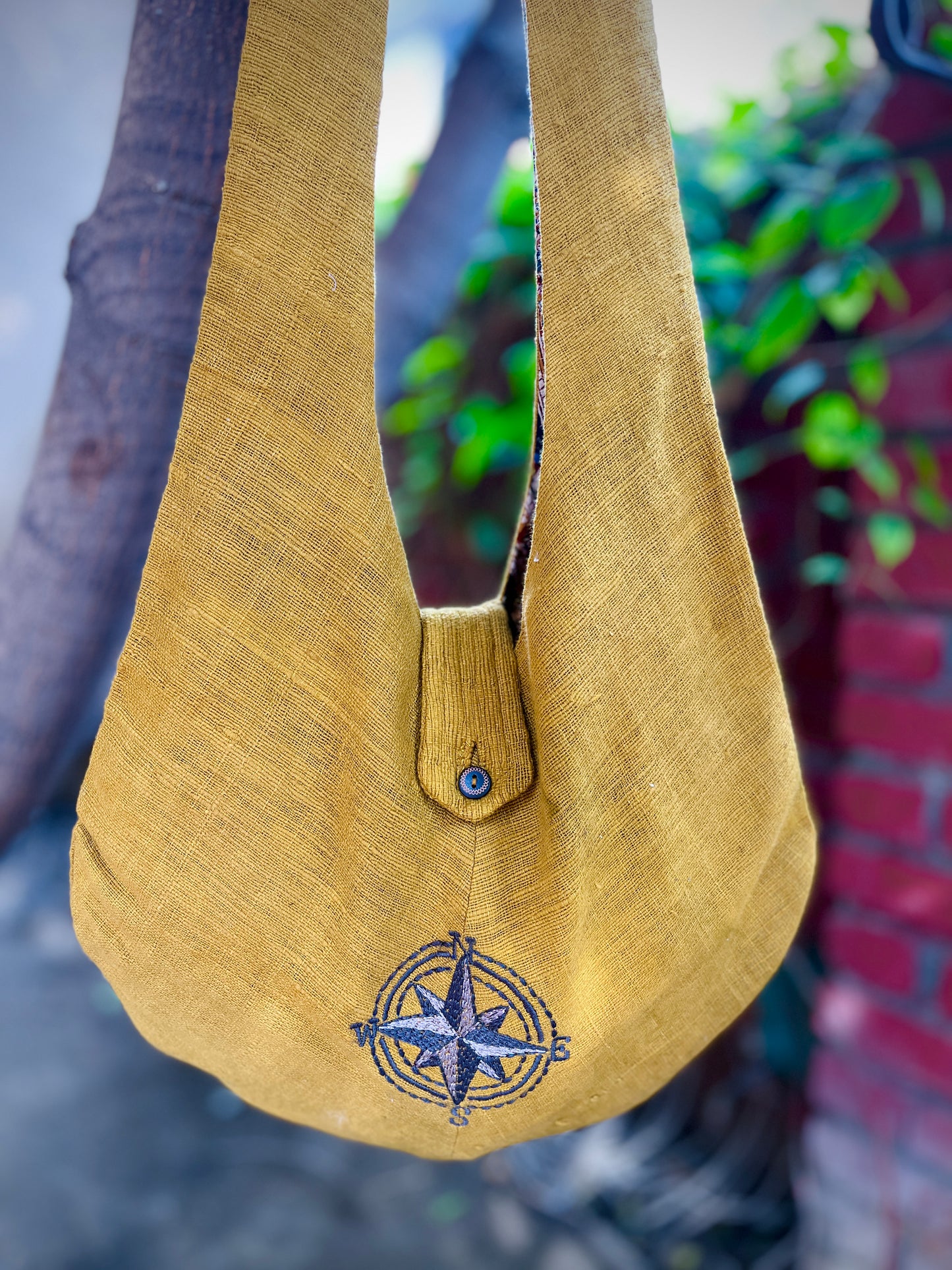 Handcrafted Mustard Khadi Sling Bag with Compass Embroidery