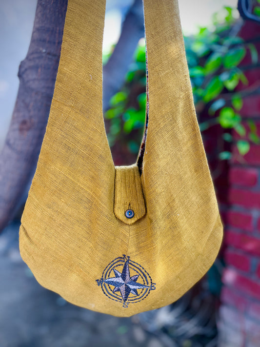 Handcrafted Mustard Khadi Sling Bag with Compass Embroidery