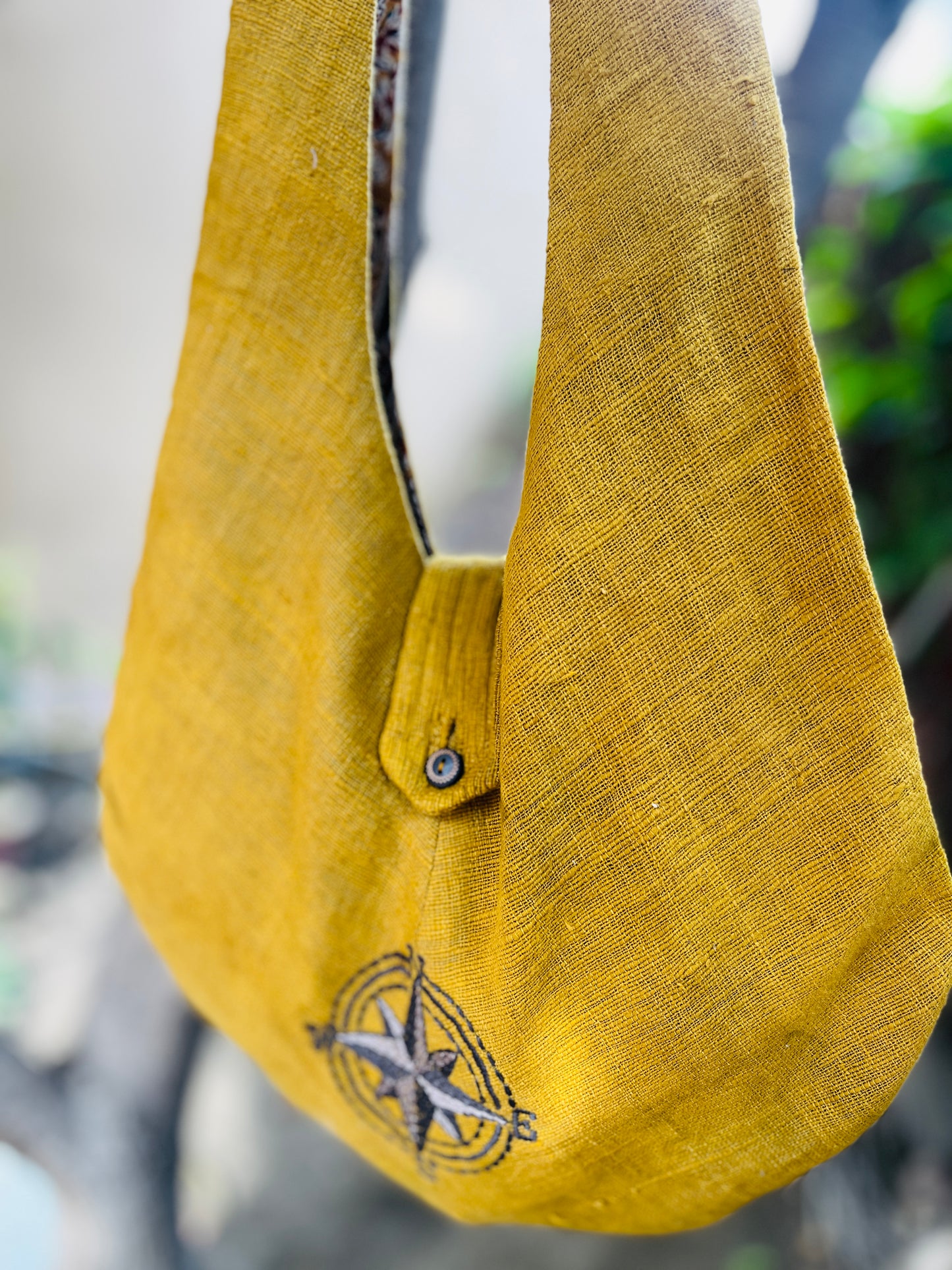 Handcrafted Mustard Khadi Sling Bag with Compass Embroidery