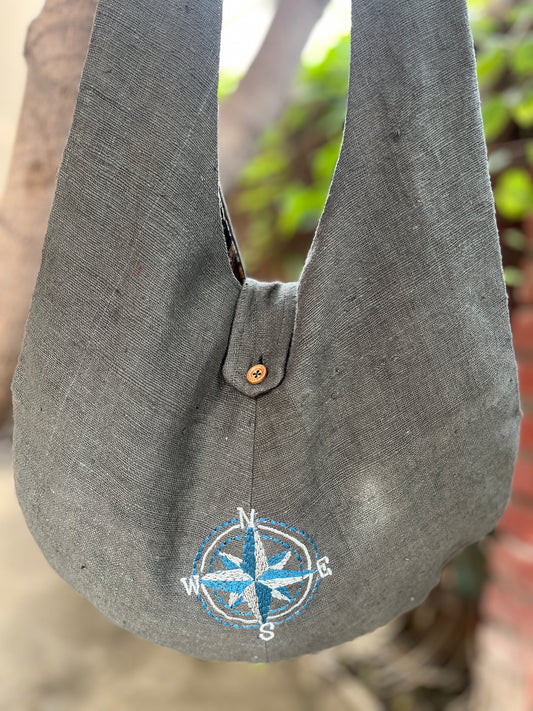 Handcrafted Grey Khadi Sling Bag with Compass Embroidery