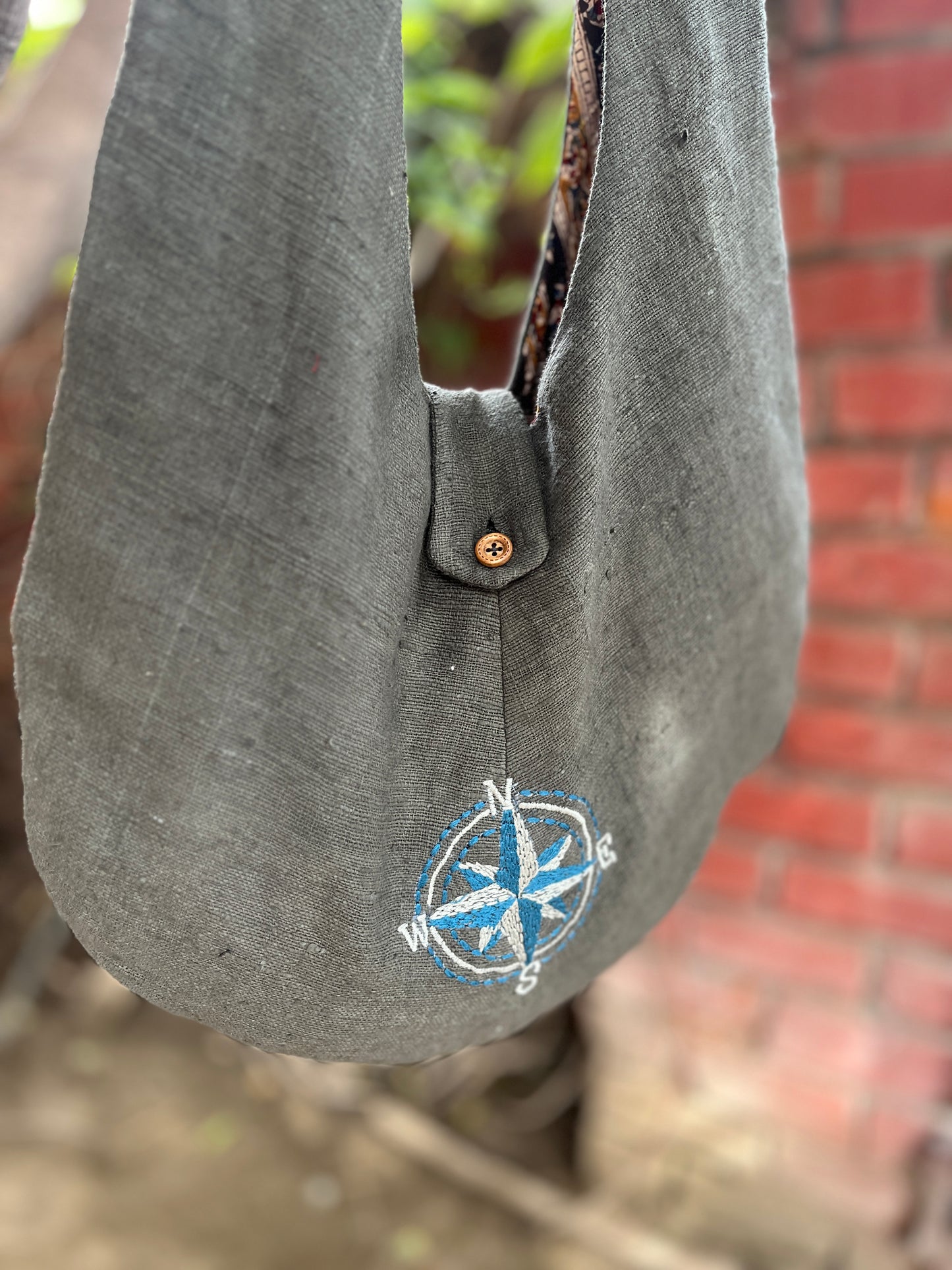 Handcrafted Grey Khadi Sling Bag with Compass Embroidery