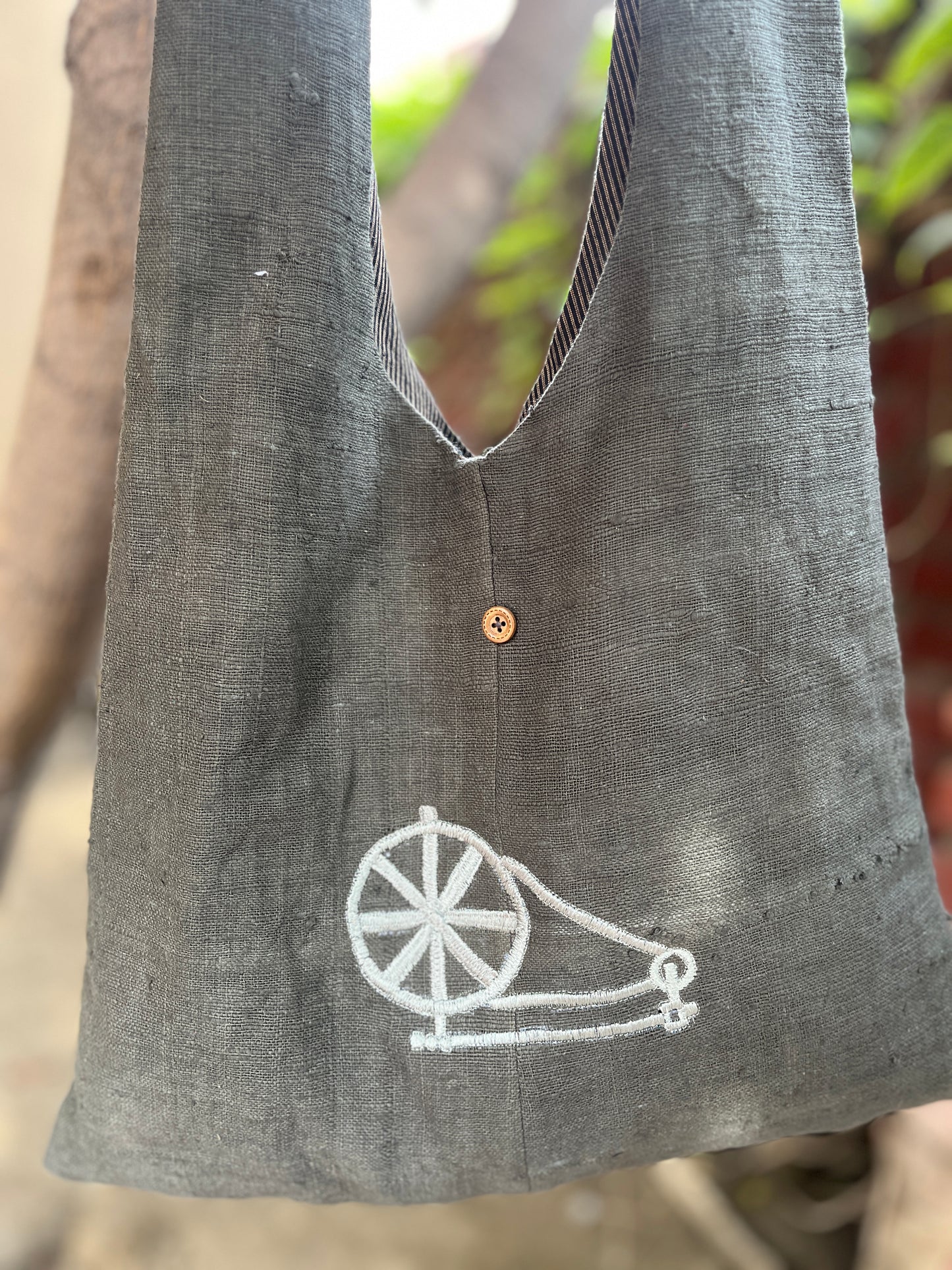 Handcrafted Grey Khadi Sling Bag with Charkha Embroidery