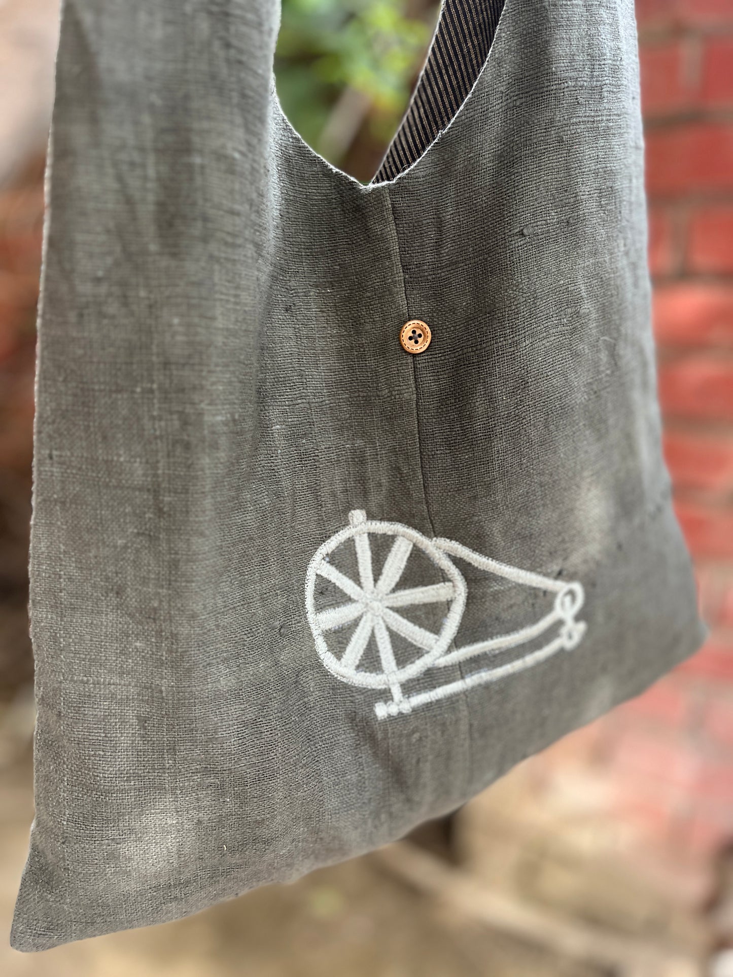 Handcrafted Grey Khadi Sling Bag with Charkha Embroidery