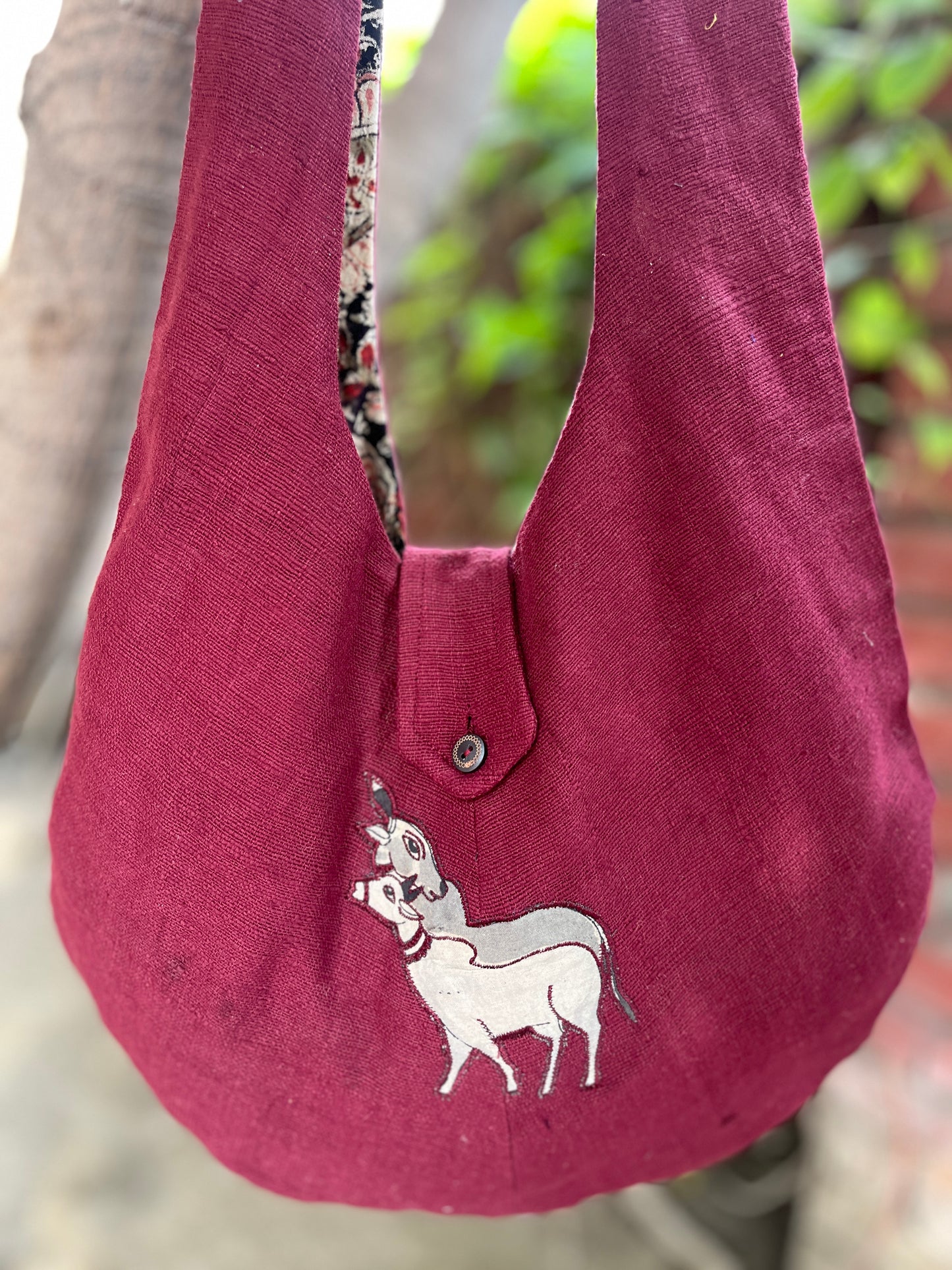 Handcrafted Maroon Khadi Sling Bag with Double Cow Motif Embroidery
