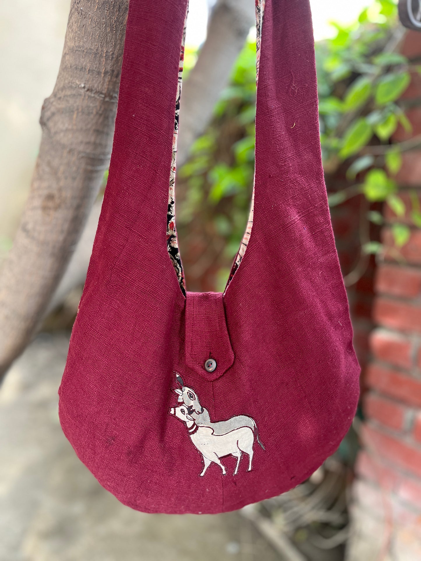 Handcrafted Maroon Khadi Sling Bag with Double Cow Motif Embroidery