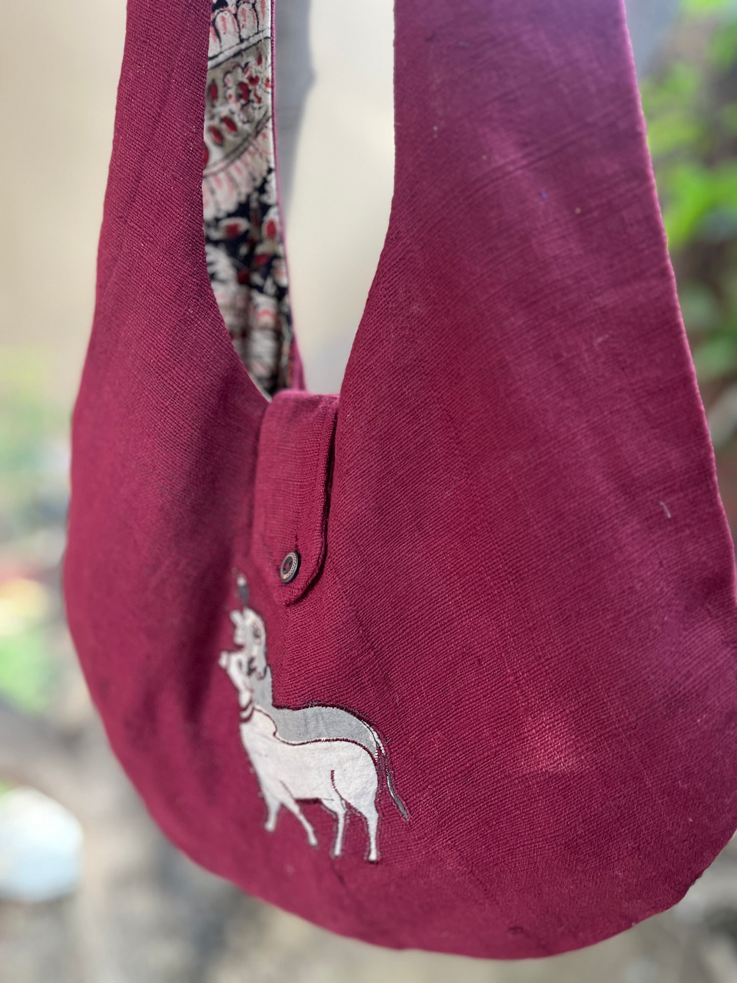 Handcrafted Maroon Khadi Sling Bag with Double Cow Motif Embroidery