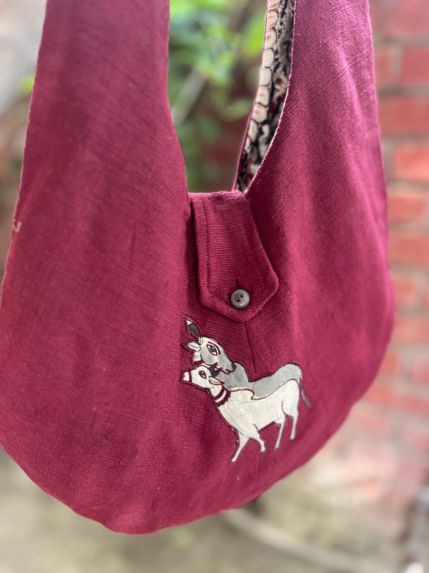 Handcrafted Maroon Khadi Sling Bag with Double Cow Motif Embroidery